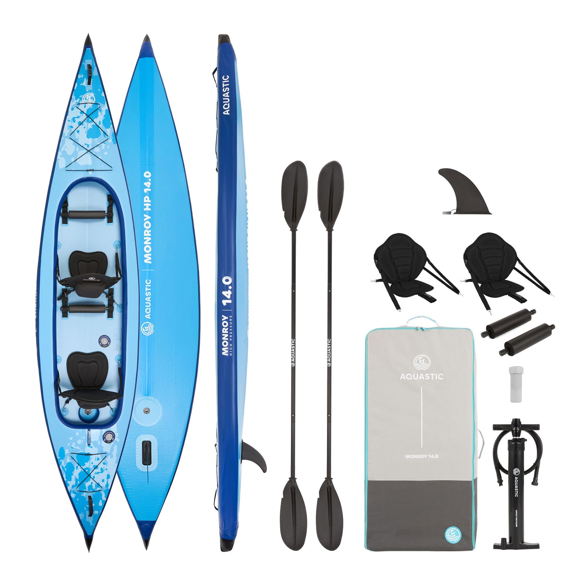AQUASTIC Monroy 14'0" - Kayak Gonflable et Sup Hybride Drop Stitch, 2 Chambres V Koje, Stable, capacité de Charge jusqu'à 250 kg, équipement : 2 sièges, pagaie, Pompe, Ballast, Sac à Dos