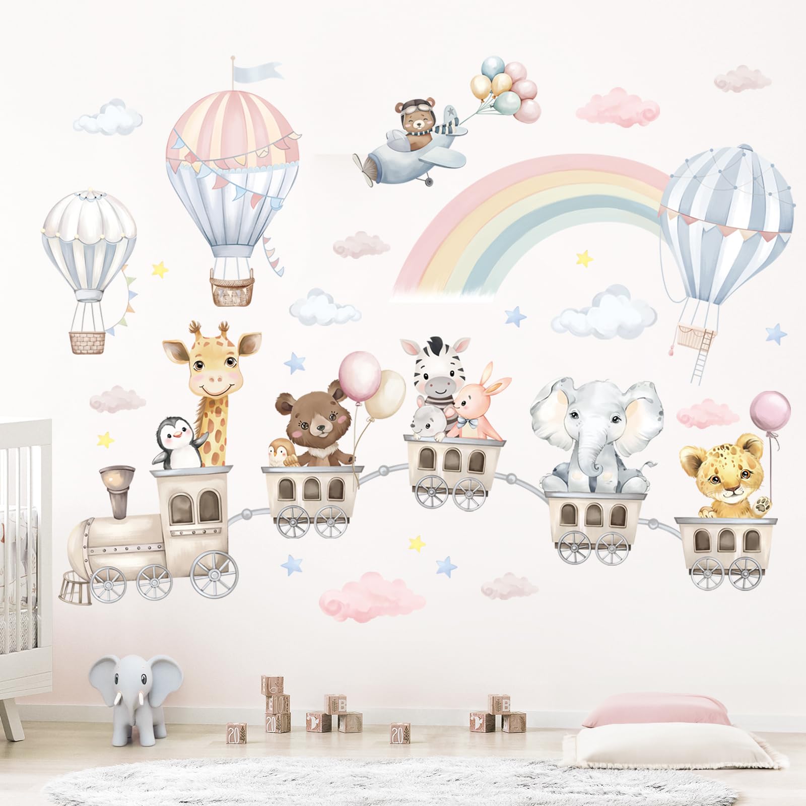 Stickers Muraux Enfant Train des Animaux Aquarelle Montgolfières Arc-en-Ciel et Nuages Décoration Murale Pastel Autocollants Amovibles pour Chambre Bébé Pépinière Salon