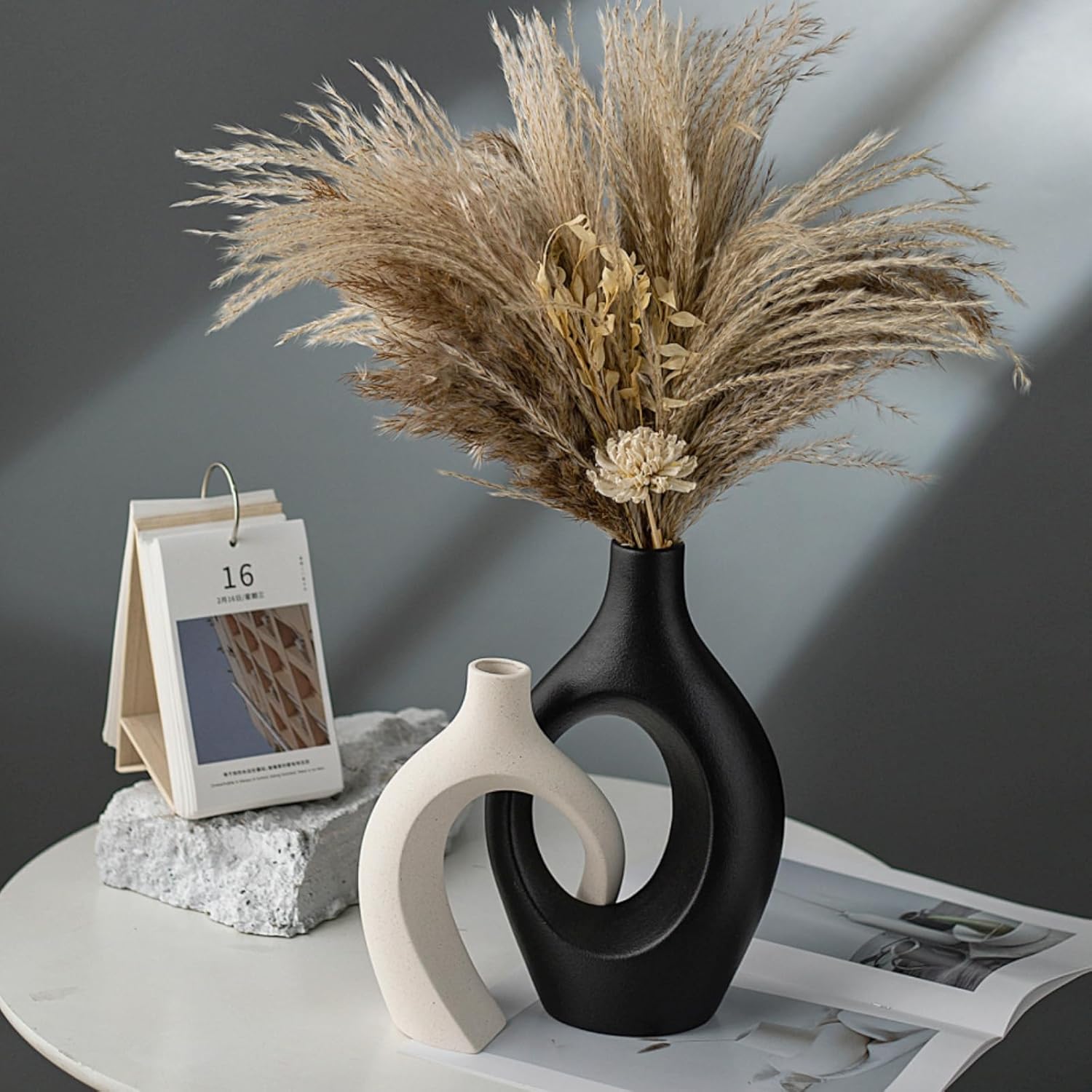 XL Black and Beige Snuggle Hollow Ceramic Vase of 2 for Coffee Table Decor, Modern Minimalist Aesthetic Donut Floral Vases, for Home Living Room Entryway Table Shelves Decorative (W 6.8" X H 11")