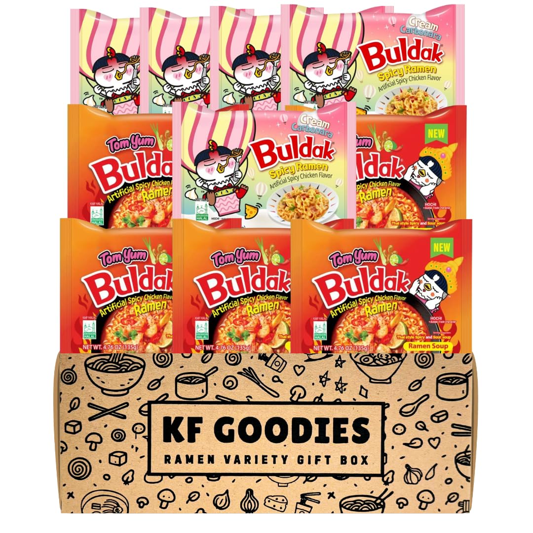 KF GOODIES Korean Ramen Variety Pack Gift Box (10 Count) – Spicy Buldak Noodle Assortment for Birthdays, College Care Packages, Office Snacks, and Gift Baskets