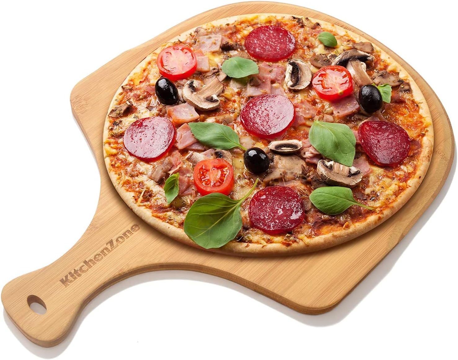 Amazon Com Kitchen Zone Bamboo Pizza Peel Durable Wooden Pizza Board With Handle Home Kitchen