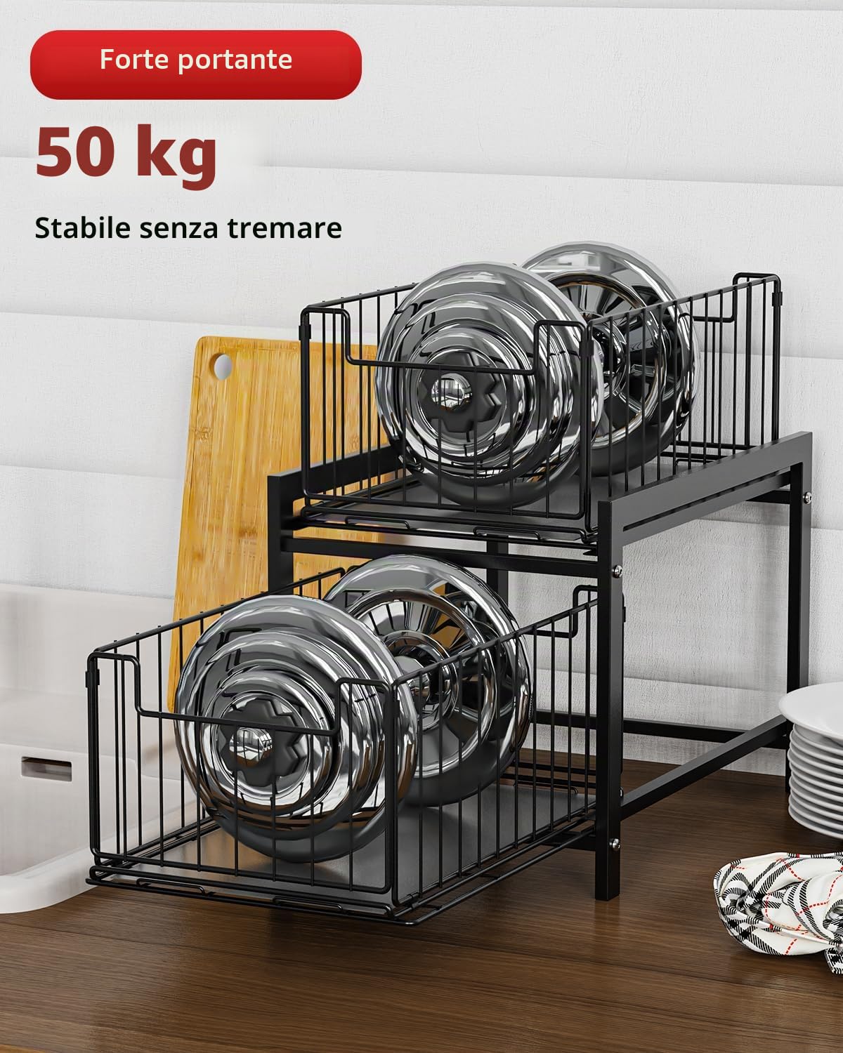 Scaffale Sottolavello Portaoggetti con 2 Cestelli Scorrevoli, Organizer Sottolavello Cucina In Acciaio Inox, Organizer Sotto il Lavello, 2 Livelli Sotto Lavello Cucina Organizer(Nero)