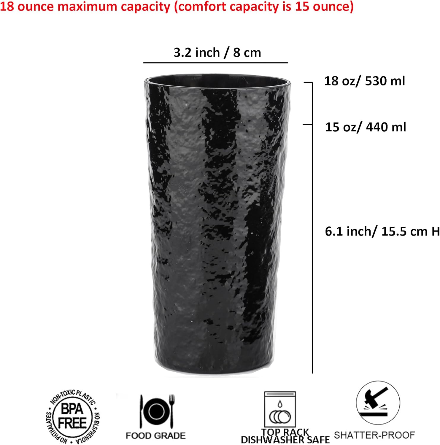 KX-WARE 18-ounce Acrylic Highball Glasses Plastic Tumbler, set of 8 Black - Image 2