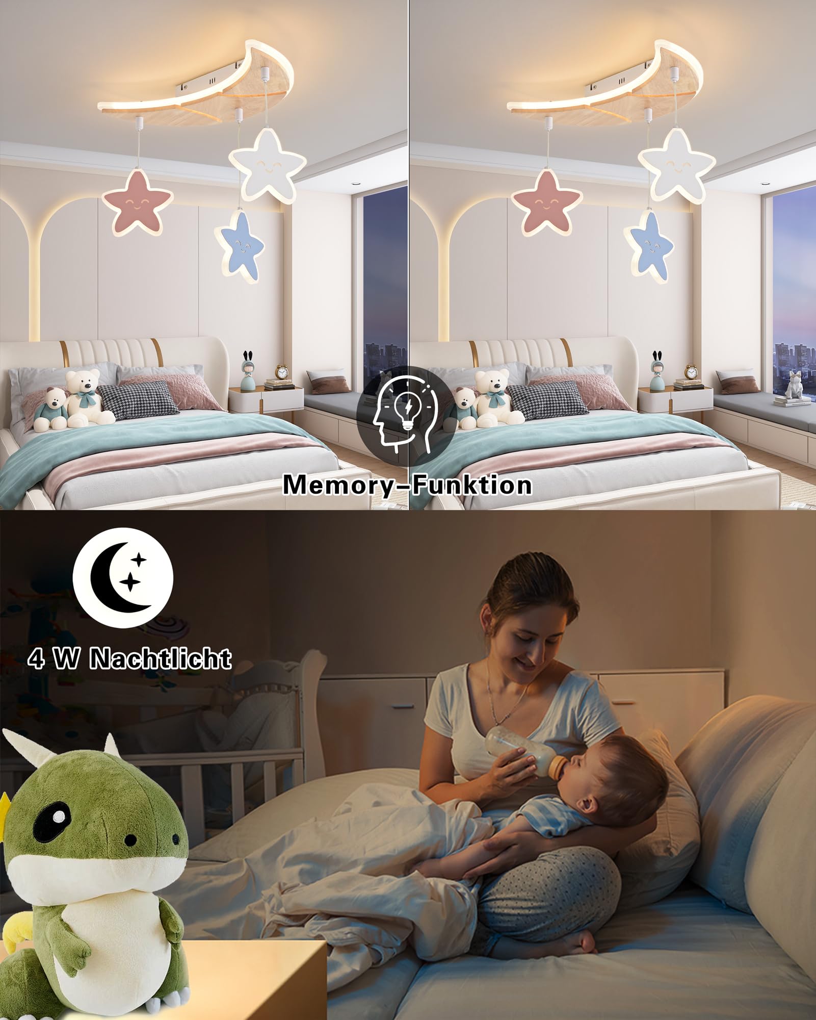 LED Deckenleuchte Stern Mond, 40cm 32W Holz Kinder Lampe Dimmbar 3000-6000K mit Fernbedienung, Für Kinderzimmer, Babyzimmer, Jugendzimmer, Schlafzimmer, Mit Memory-Funktion, 4W Nachtlicht