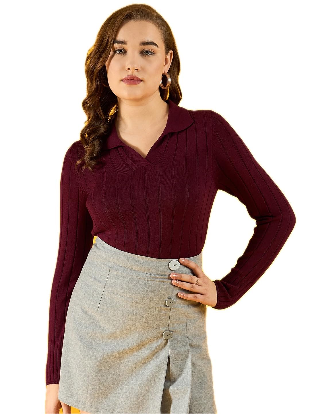 98 Degree Women Pure Cotton Collar Neck Sweater Has A Full Sleeve & Straight Hem-AW25AZG1154-WINE