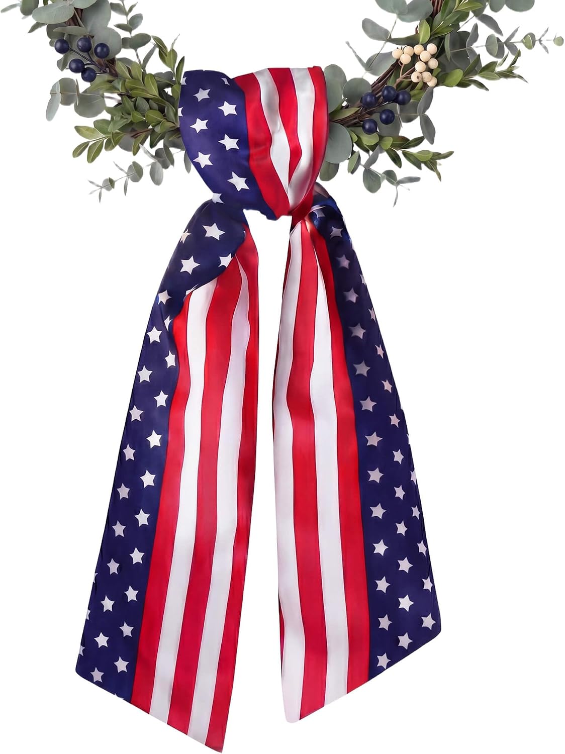 Patriotic Wreath Sash for Front Door, 1 Pack 5" W x 55" Satin Ribbon Double-Sided Stars Stripes, 4th of July Memorial Day Wreath Decor