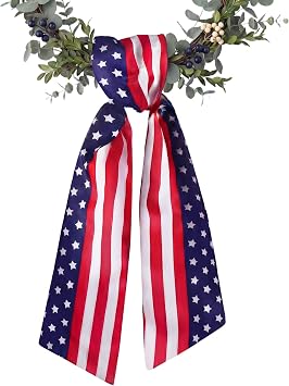 Patriotic Wreath Sash for Front Door, 1 Pack 5" W x 55" Satin Ribbon Double-Sided Stars Stripes, 4th of July Memorial Day Wreath Decor