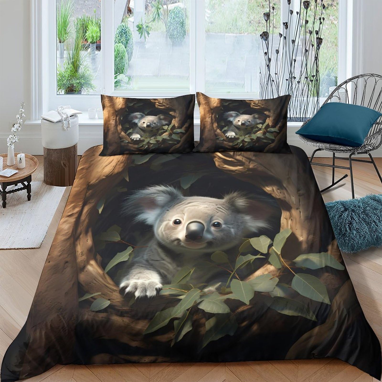 Ctjqhvkz Style-1 3D Printed Koala Tree Fitted Sheet Microfiber Soft Brown Green Leaves Mattress Cover For Bedroom Dorm Mattress Protection Decor Single（135X200cm）