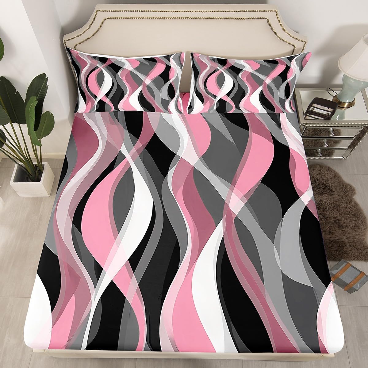 Feelyou Pink Grey Black Stripes Sheet Set King Size Kids Geometric Sheets with Deep Pocket Fitted Sheet for Boys Teens Geometric Bed Sheets Set Breathable Modern Striped Art Abstract Art Room Decor