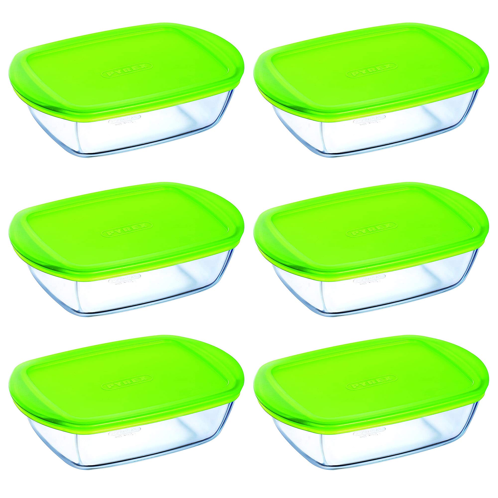 Pyrex Transparent With Green Lid Microwave Safe Classic Rectangular Glass Dish Vented Lid 1.1 Litre Green (Pack Of 6)