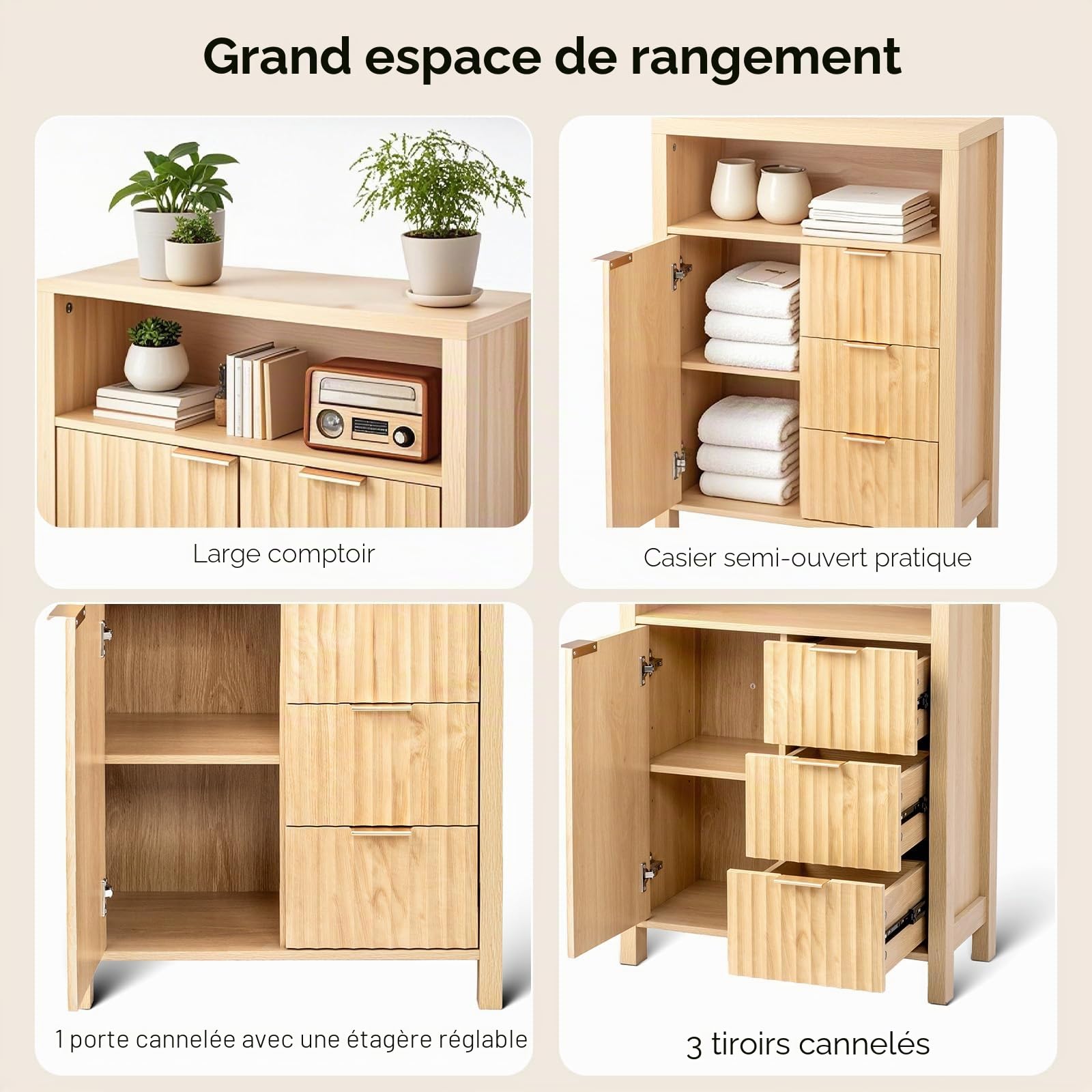 Bonnlo Armoire de salle de bain avec 3 tiroirs, étagères et compartiment ouvert, armoire de rangement striée, pour salon, salle de bain, cuisine, chambre à coucher, 60 x 30 x 80 cm, couleur chêne