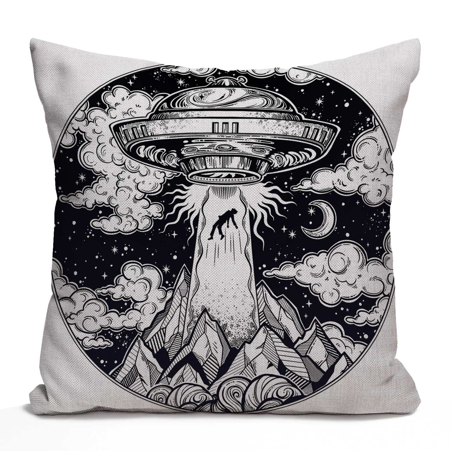 Nphuriy Alien Spaceship Throw Pillow Cover,UFO Abduction of A Human with Flying Saucer Icon Moon Mountain Black White Decorative Pillow Cases Square
