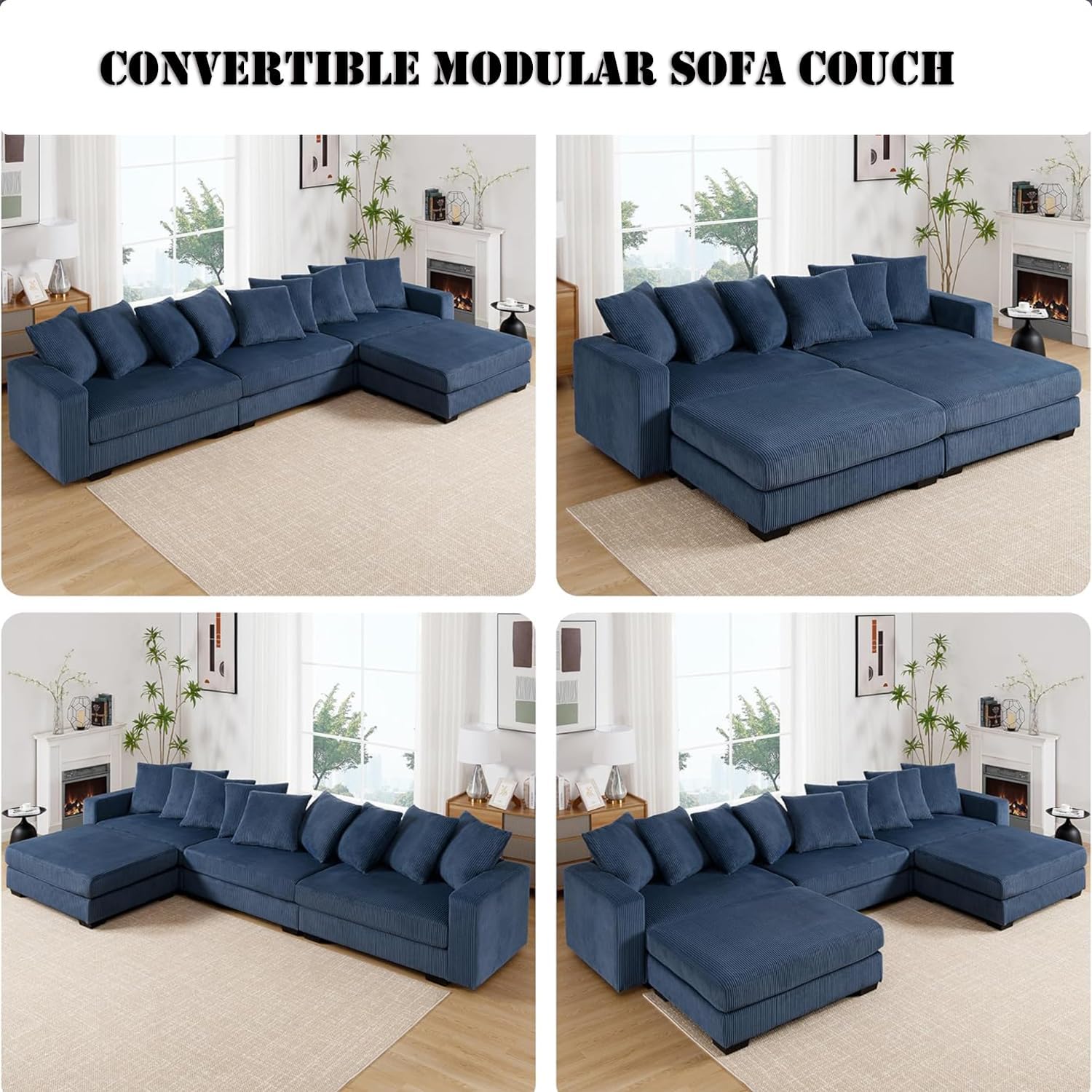 asunflower 144 Inch Modular Sectional Couch with Ottoman for Living Room 4-5 Seater Oversized Corduroy L Shaped Couch with Deep Seats and Wider Armrest Comfy Home Sofas with Pillows,Navy Blue