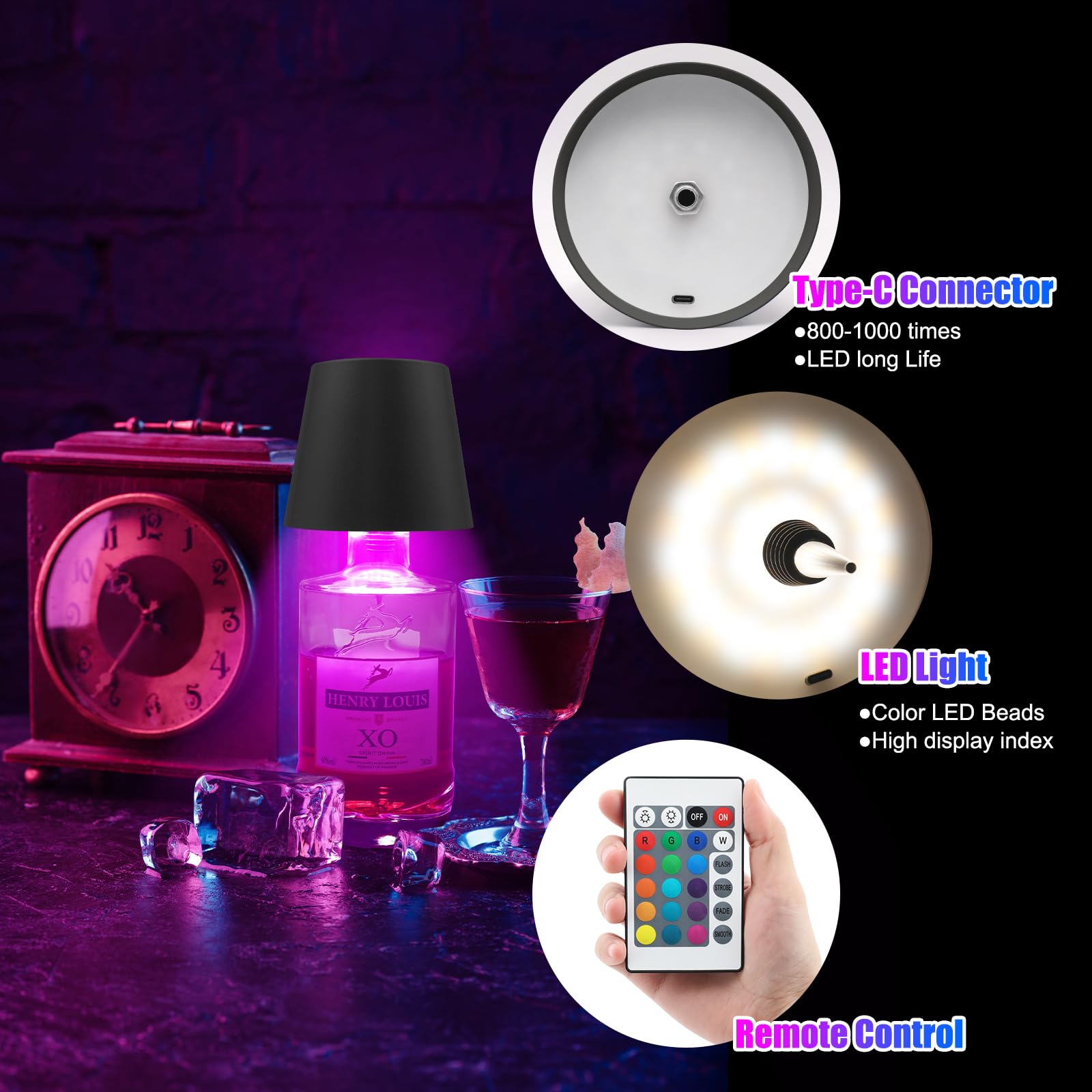 Kabellose Flaschenlampe mit Fernbedienung, wiederaufladbare RGB-Weinflasche mit 3 Modi, Lichtdimmung, wasserdichter Touch-Lampenkopf für Zimmer, Bar, Restaurant und Party-Dekorationen (schwarzes RGB)