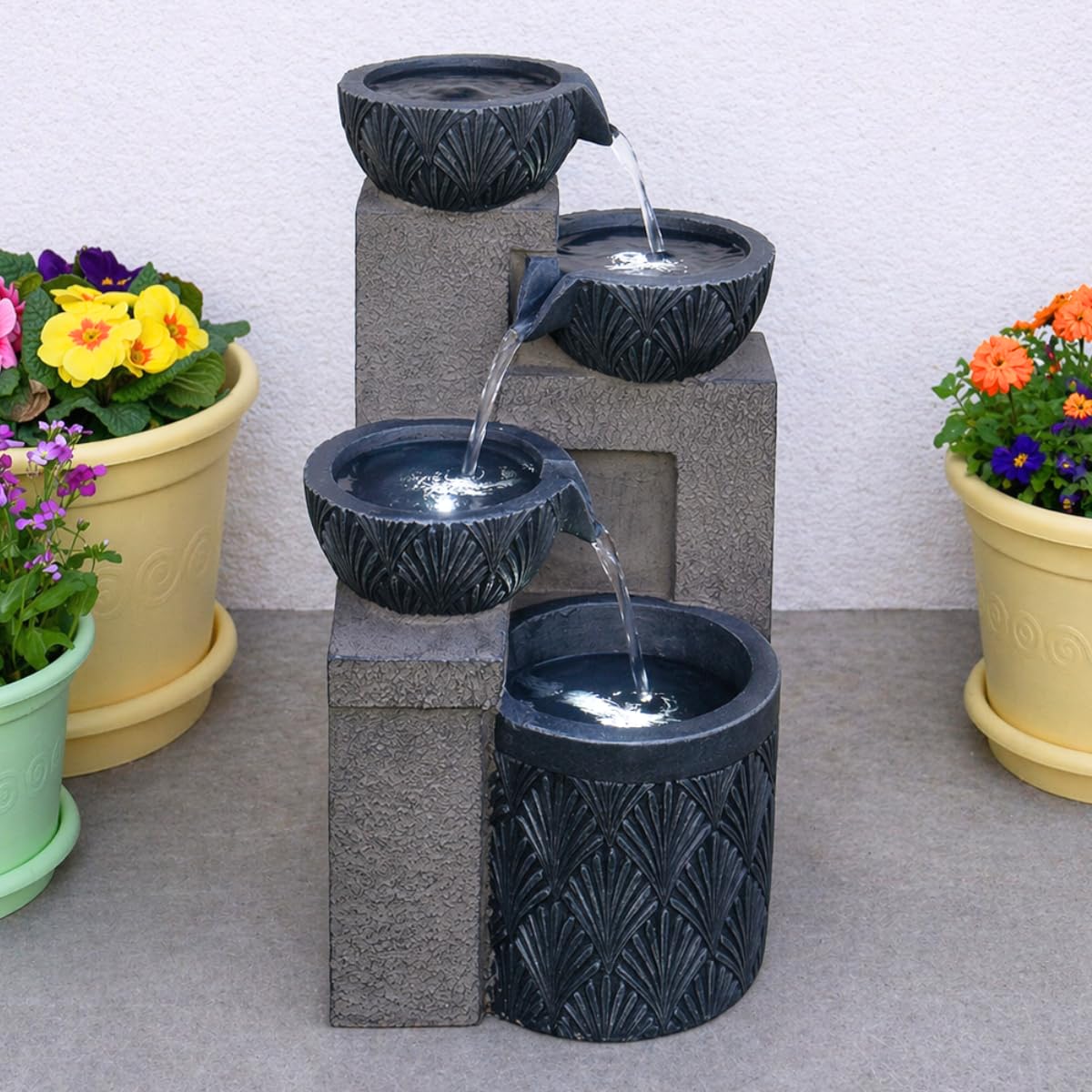 Festive Lights Grey Stone Effect – 42Cm Garden Water Feature, Stone Effect Cascading Bowl Outdoor Fountain, Solar, Usb & Mains Powered, Grey Polyresin, Led Light, Timer, Ip44, External Panel