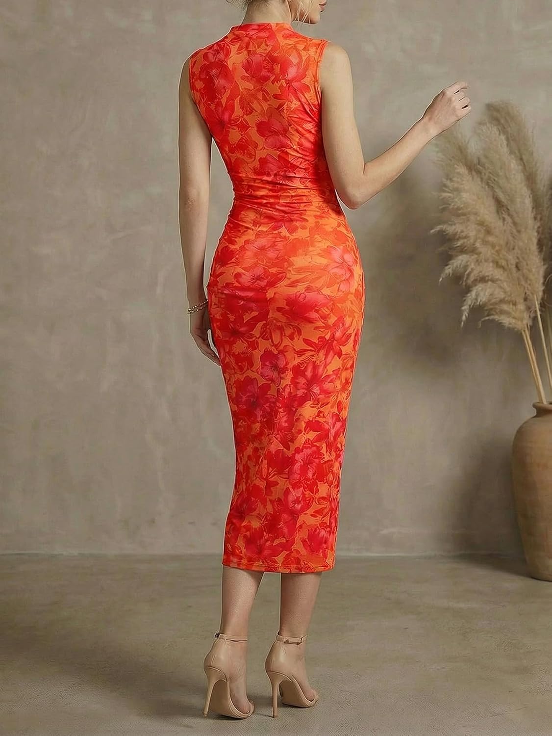 Milumia Women's Floral Sleeveless Ruched Bodycon Midi Dress Mock Neck Slit Thigh Summer Dresses