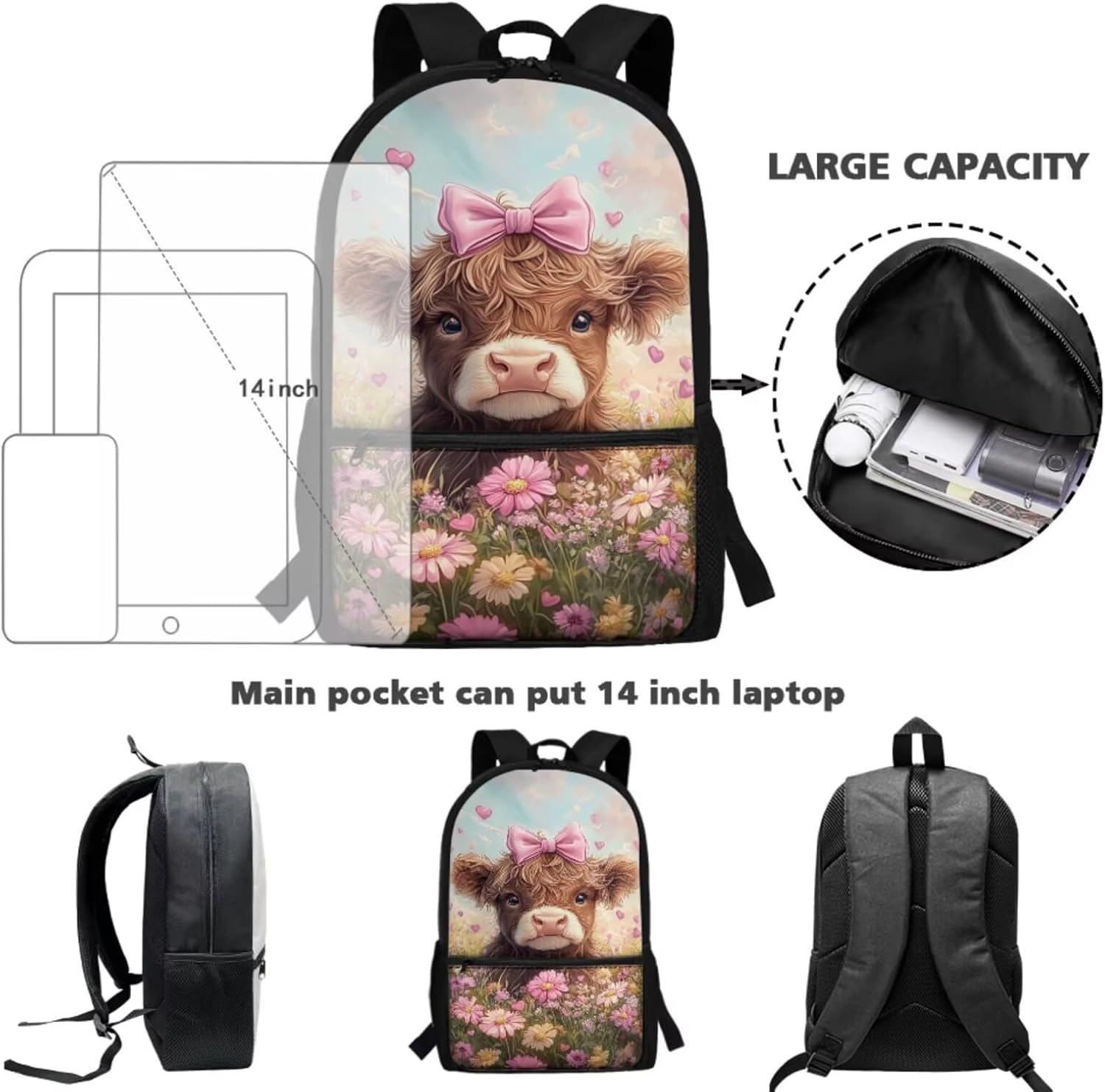 Highland Cow Kids Backpack with Lunch Box Primary/Kindergarten School Floral Bookbag Lunch Bag Pencil Pen Case Water Bottle Bag Student Schoolbag