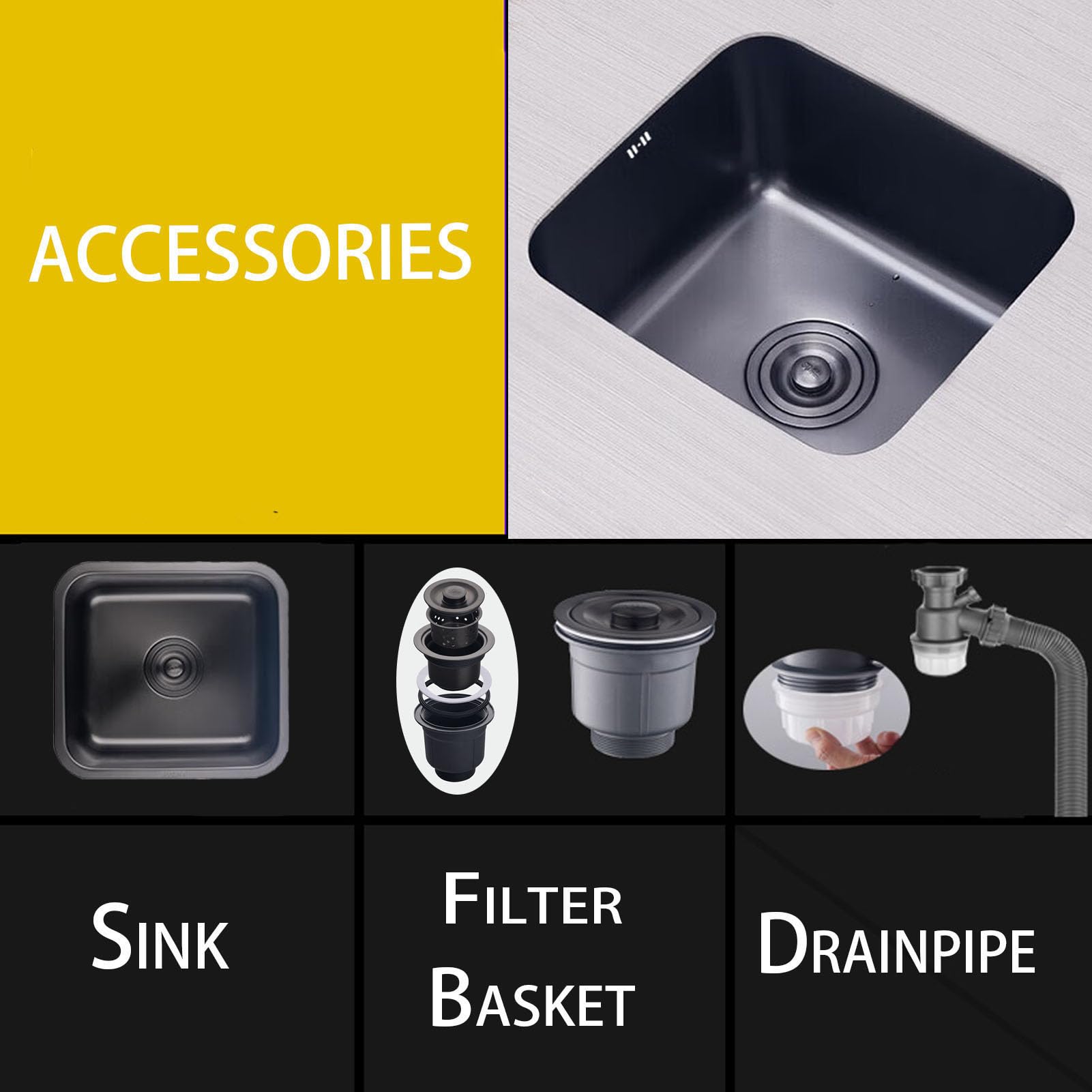 Fregadero de cocina de acero inoxidable de alta calidad, 34 x 31 x 19 cm, elegante diseño negro con juego de drenaje, versátil instalación empotrada o empotrada, ideal para cocinas modernas