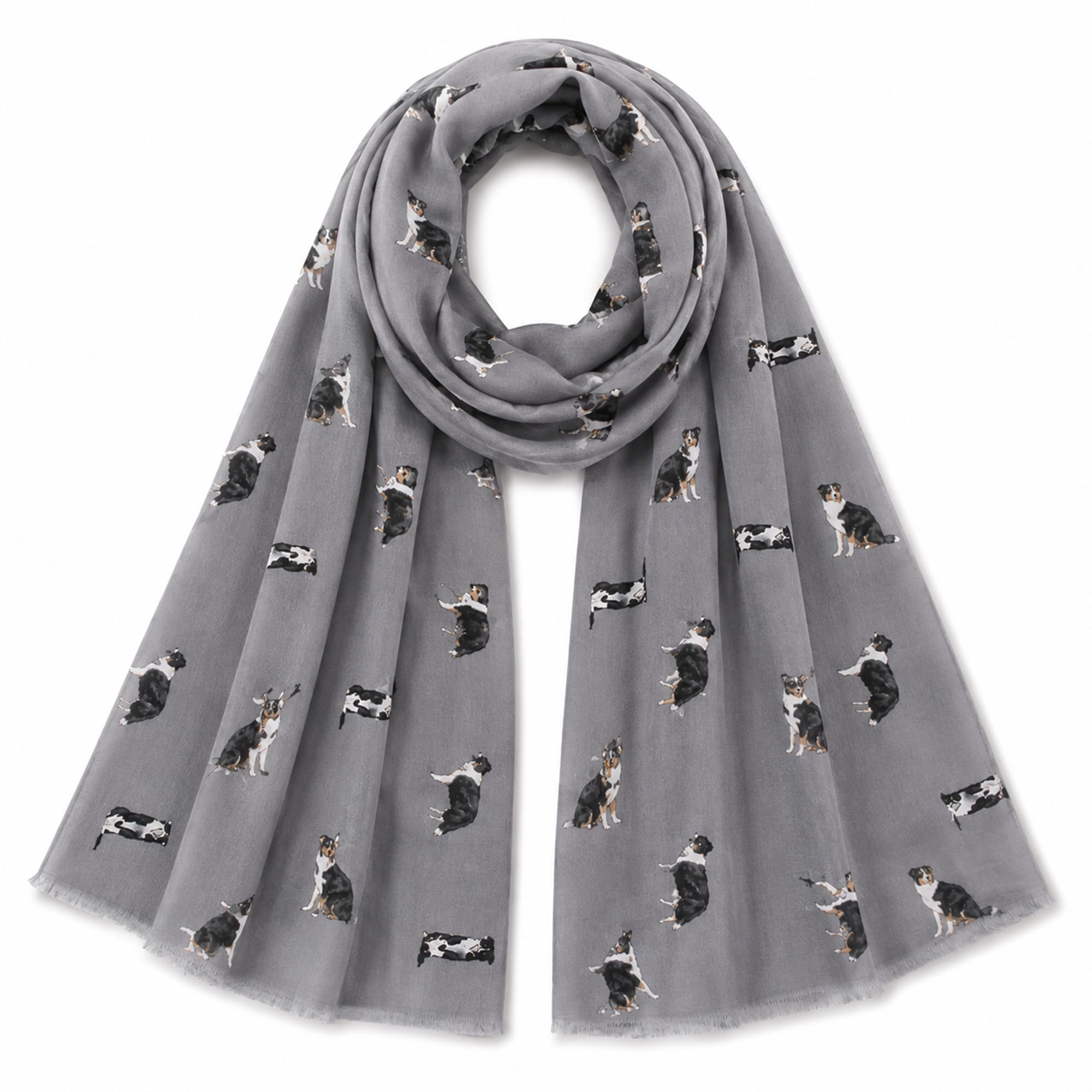 FUREVER GIFTS Border Collie Sheepdog Scarf Grey Cotton Blend 180cm x 90cm for Women