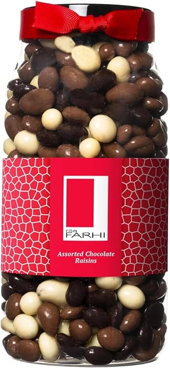 Rita Farhi Milk, Dark & White Chocolate Covered Raisins Luxury Gift Jar 870g   Premium Belgian Chocolate, Palm Oil Free
