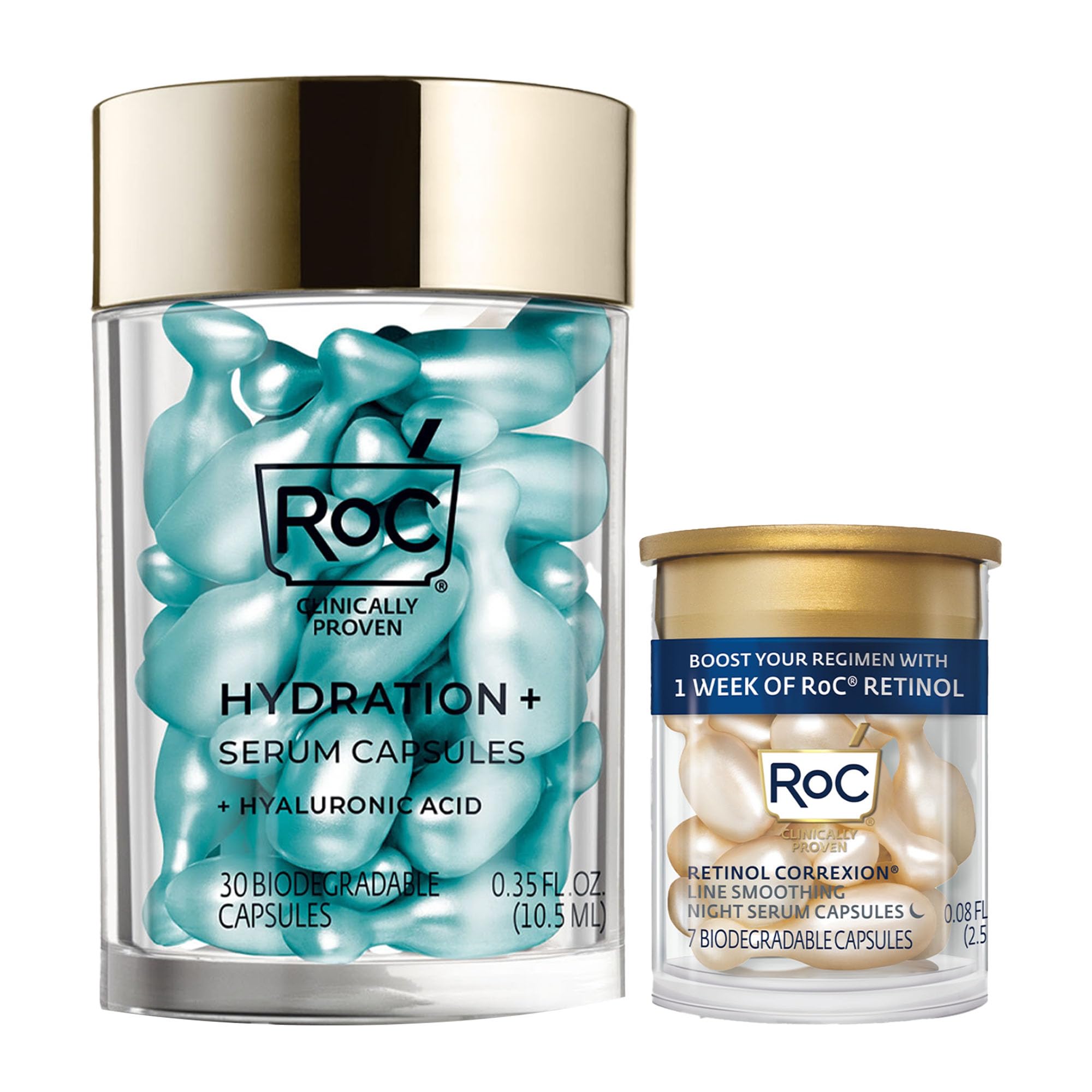 RoC Multi Correxion Hyaluronic Acid Night Serum Capsules (30 CT) for intense hydration + RoC Retinol Capsules (7 CT), Anti-Aging Wrinkle Treatment, Skin Care Set, Stocking Stuffers for Men & Women