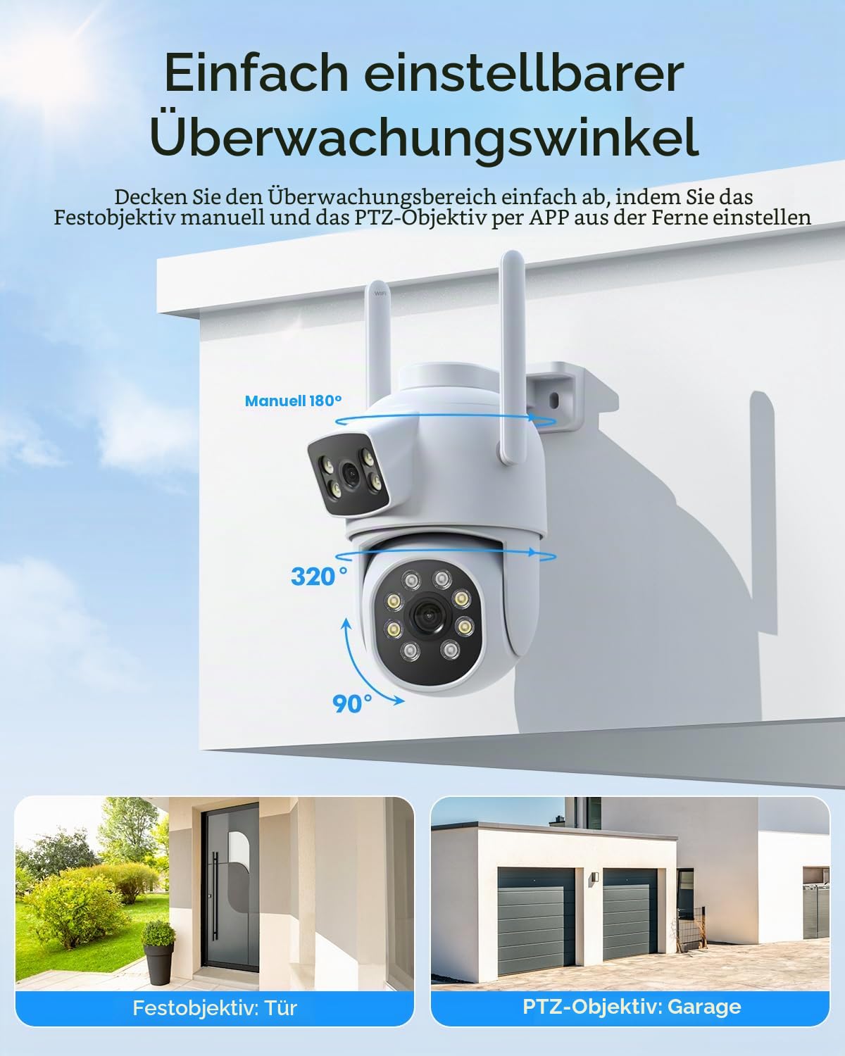 Camcamp 2K Kabelloses Sicherheitskamera System für den Außenbereich, Dual-Objektivverbindung, 2,4 G/5 G WiFi, Automatische Verfolgung, 24/7-Aufnahme, 500GB HDD