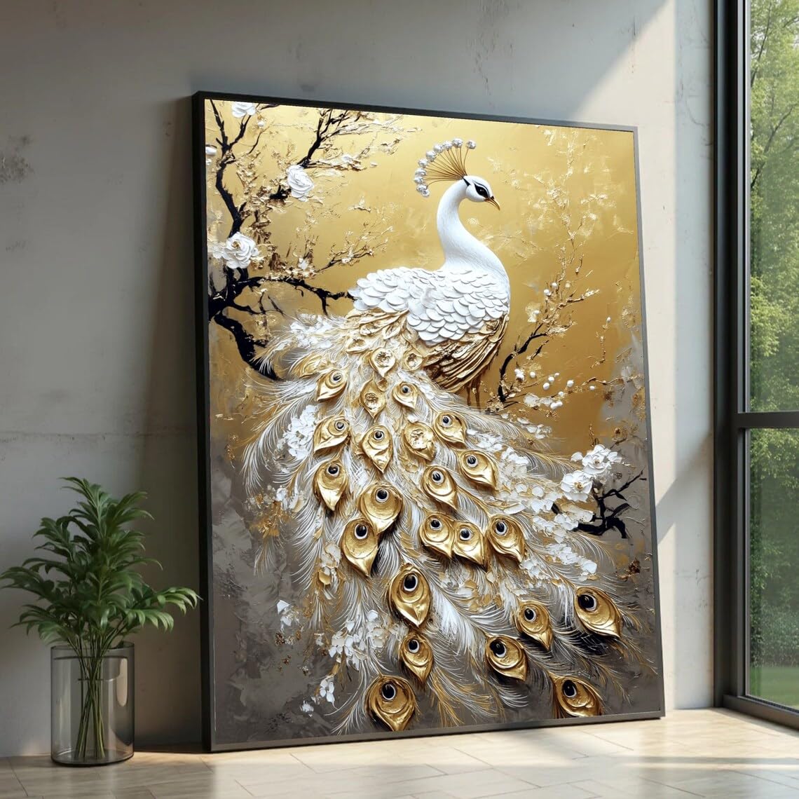 Tableau paon blanc luxe decoration chic grand format 30x40cm - 8