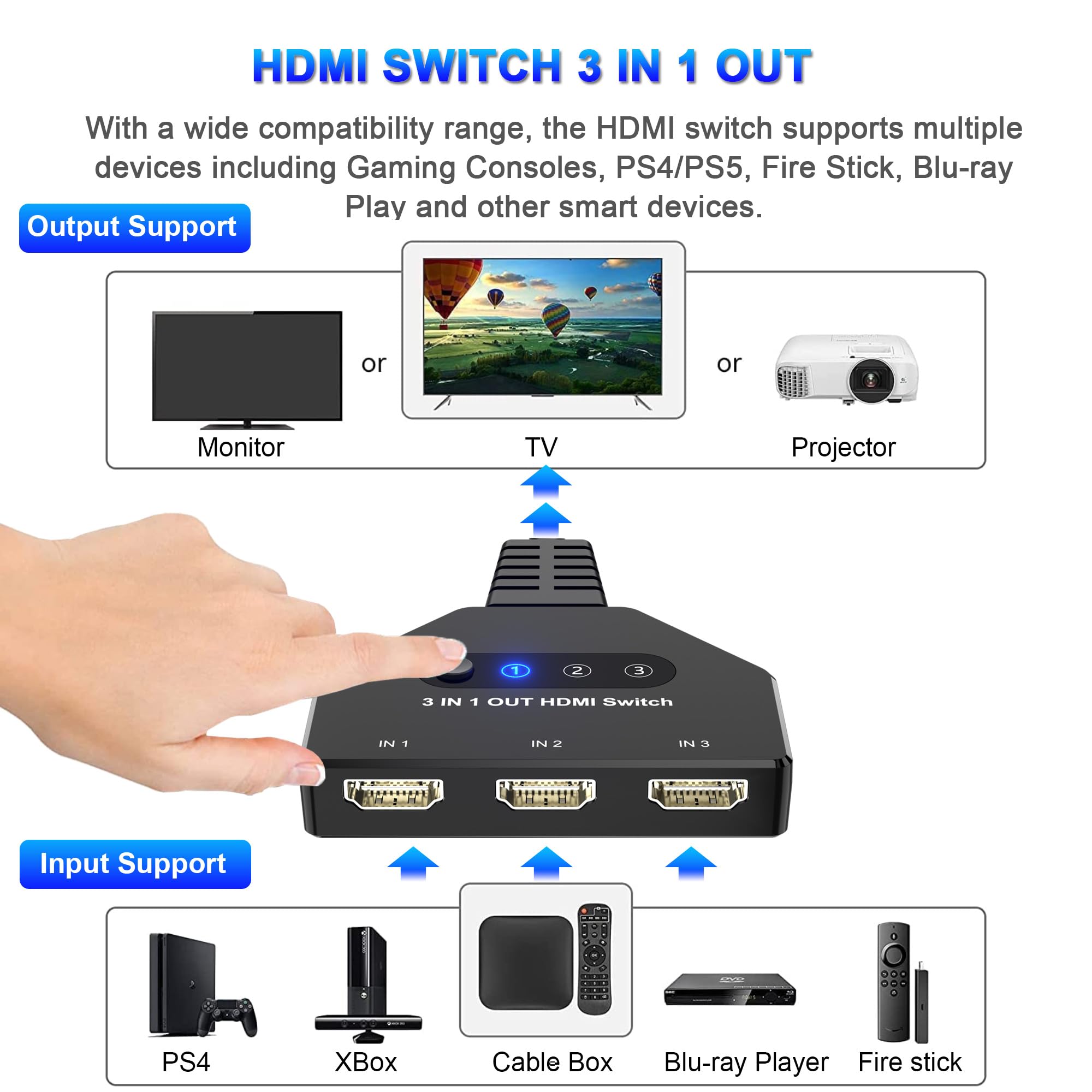 Conmutador HDMI 3 en 1, 4K a 30 Hz, 3 puertos, conmutador HDMI compatible con Full HD 1080P 3D, compatible con Roku Fire TV Stick HDTV PS4/PS5 Xbox One Chromecast, compatible con Mac/Win/Linux