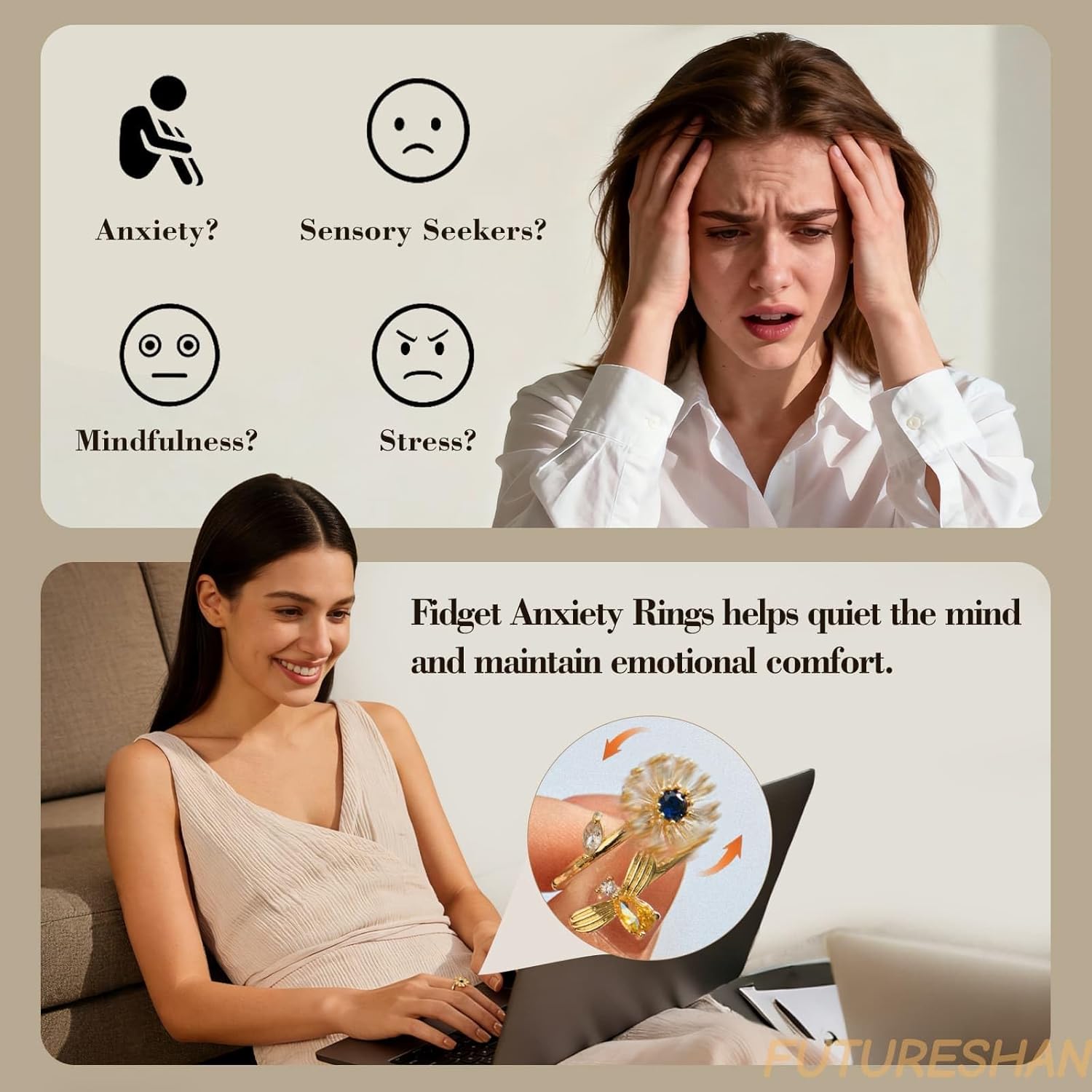 10Pcs Fidget Anxiety Rings for Women Adjustable Spinner Ring Gifts for People With Anxiety Moon Sun Butterfly Galaxy Daisy Flower CZ Stress Relief Calm Rings Jewelry 14K Gold/Silver/Rose Gold Plated - Image 5