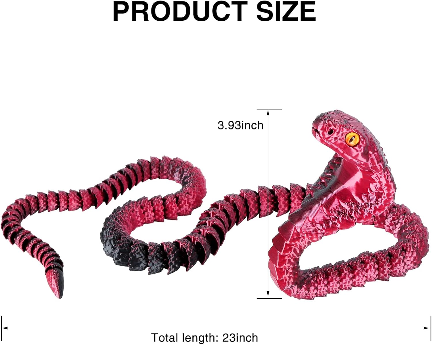 3D Printed Snake,23 Inch 3D Printed Animals,3D Printed Fidget Toys,Home Office Decor Executive Desk Crystal Cobra Toys Black Red