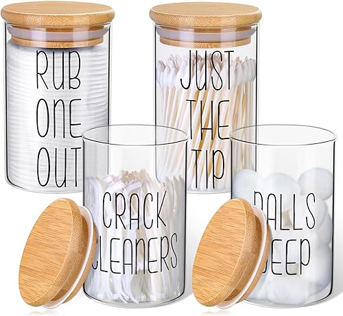 Paquete de 4 soportes para dispensador de vidrio con tapas de bambú para organización del baño, tarros de boticario para soporte de bolas de algodón