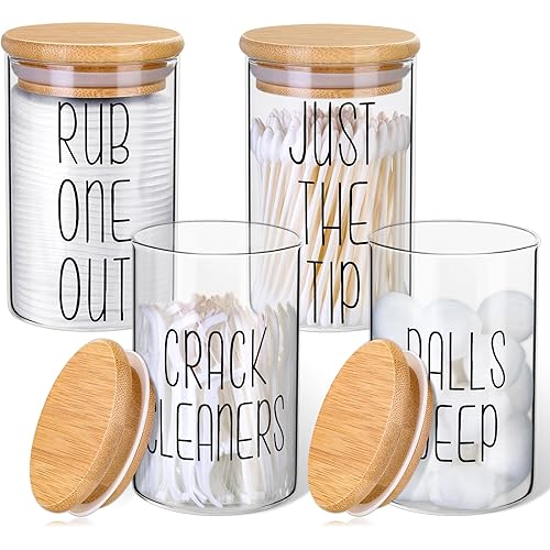 4 Pack Qtip Holder Glass Dispenser with Bamboo Lids for Bathroom Organization, Apothecary Jars for Cotton Ball Holder and Bathroom Canister Storage Great for Cotton Swabs, Balls, Floss, Bathroom Décor