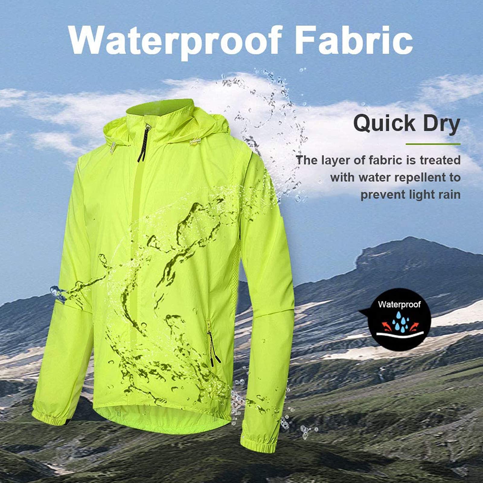 Langarm Fahrradjacke Herren,Sommer Wasserdicht Atmungsaktiv Fahrrad Klamotten,Winddichte Schnell Trocknen Regenjacke Laufjacke,für Radfahren Wandern Bergsteigen,Fluo