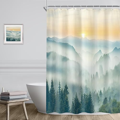 Miniatura 9 de Riyidecor Cortina de ducha brumosa, 60 pulgadas de ancho x 72 pulgadas de alto, paisaje rústico de montaña brumosa, paisaje de parque nacional,