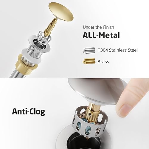 Miniatura 5 de KES L3156ALFF12-BS-C2-PL - Grifos de baño para fregadero de un solo orificio o 3 agujeros, acero inoxidable, drenaje desplegable sin desbordamiento,