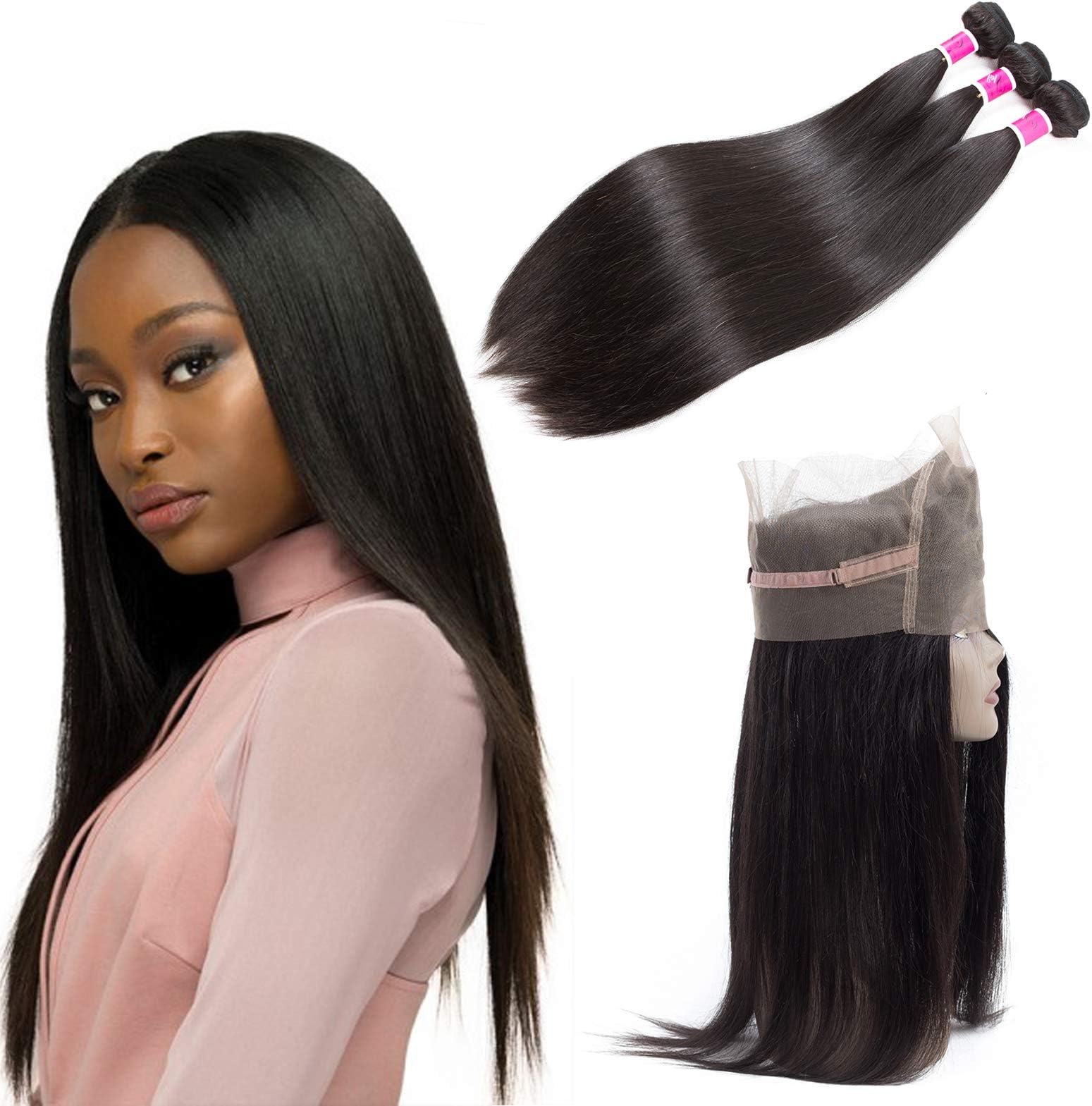 SKYDO 360 Lace Frontal Closure With Bundles Straight Unprocessed Brazilian Straight Hair 3 Bundles with 360 Lace Closure Human Hair Weave Bundles Natural Black (16 18 20 + 14)
