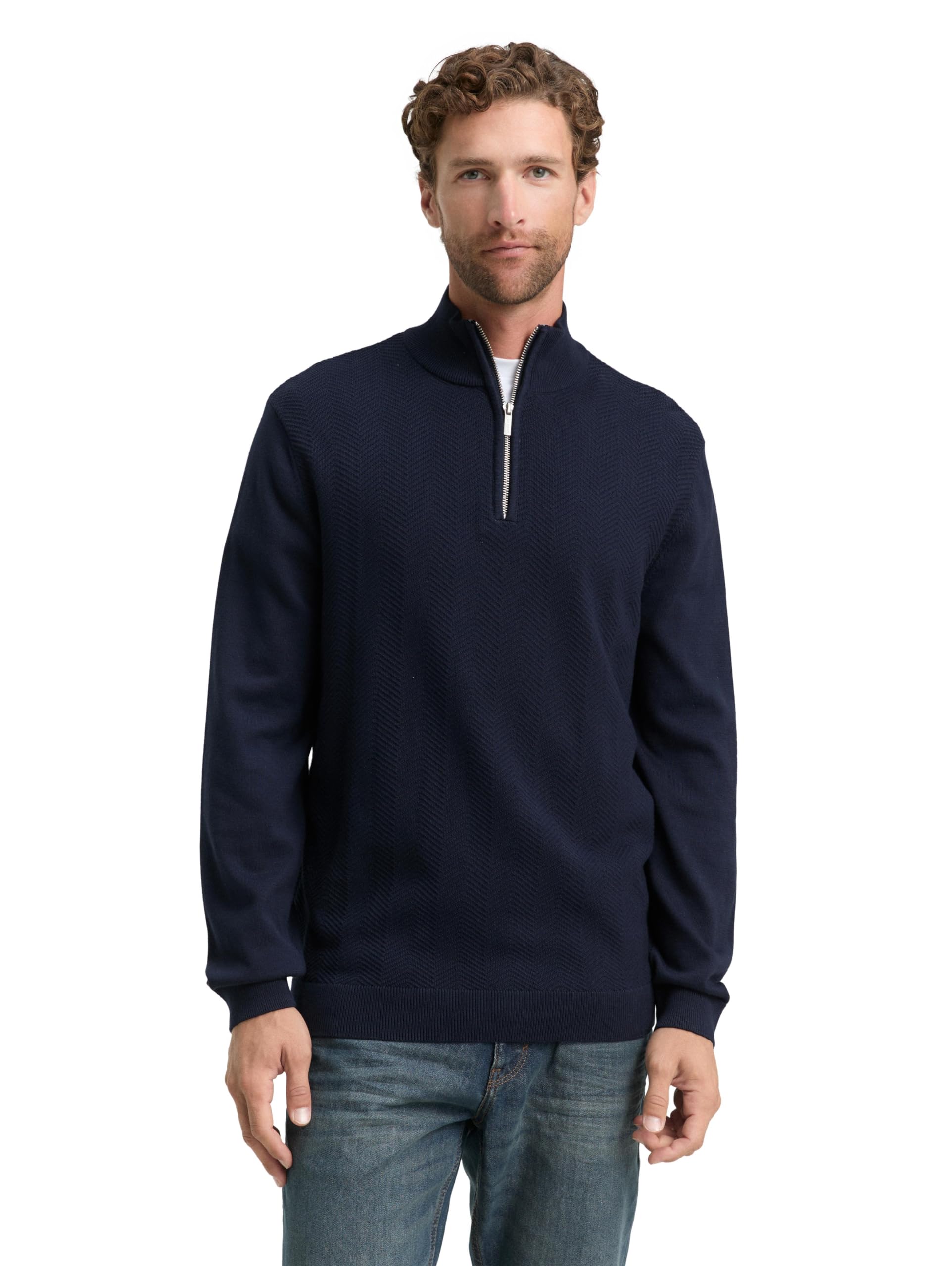 TOM TAILOR Herren 1048722 Troyer Strickpullover mit Fischgrät-Struktur