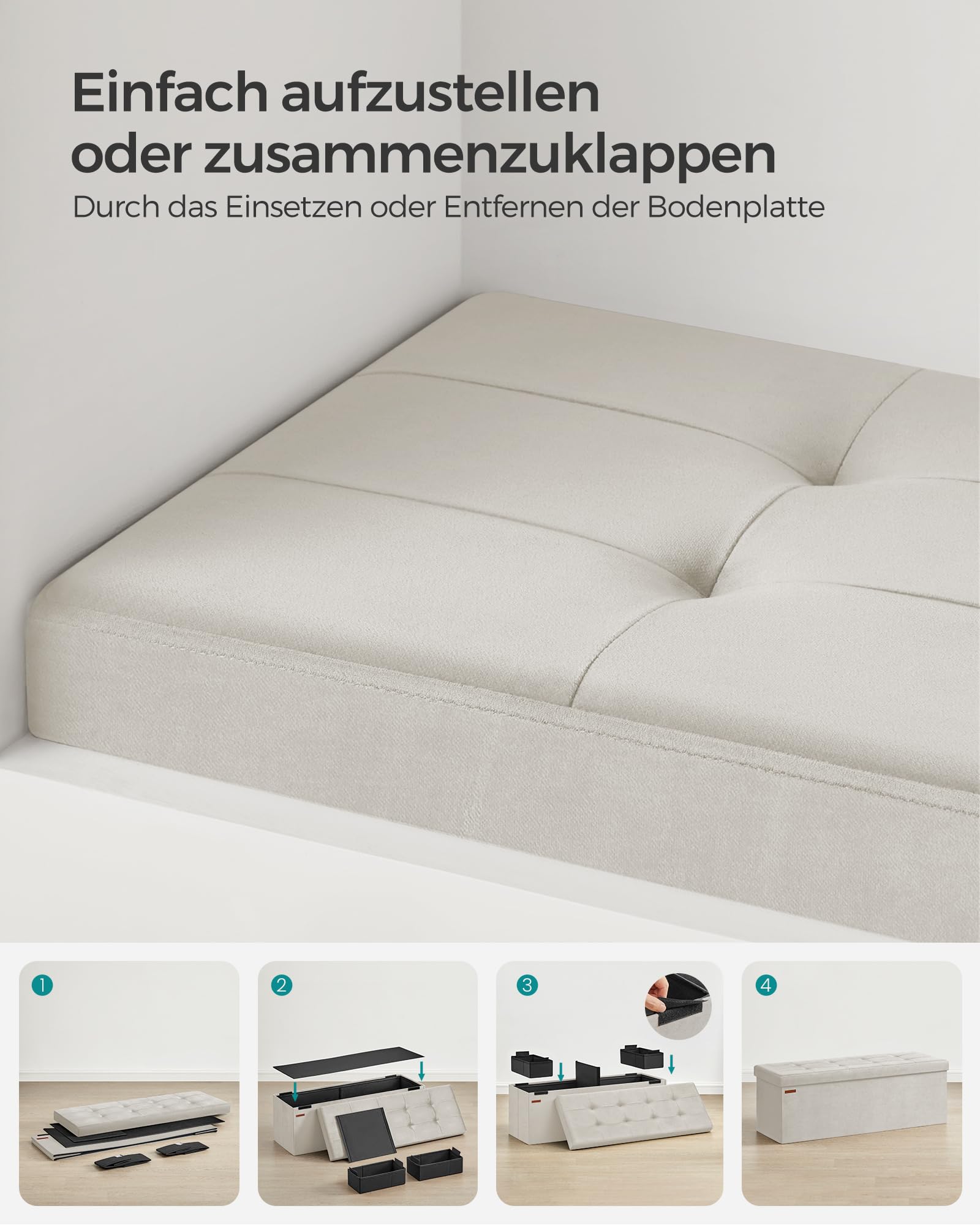 SONGMICS Sitzhocker mit Stauraum, klappbare Sitzbank, 38 x 110 x 38 cm Fußbank, Aufbewahrungsbox, bis 300 kg belastbar, für Wohnzimmer Schlafzimmer Flur, cremeweiß LSF277W01