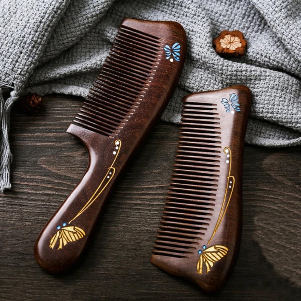 2 peines para el cabello, peine de sándalo, mango grueso, peine de masaje de cuero cabelludo y sándalo