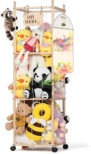 Stuffed Animal Storage & Organizer, 54 inch Tall Wooden Cute Zoo Toy Holder with Building Block Storage Bag, Space Save Toy Holder with Elastic Cord for Toddler Rooms, Playrooms & Bedrooms