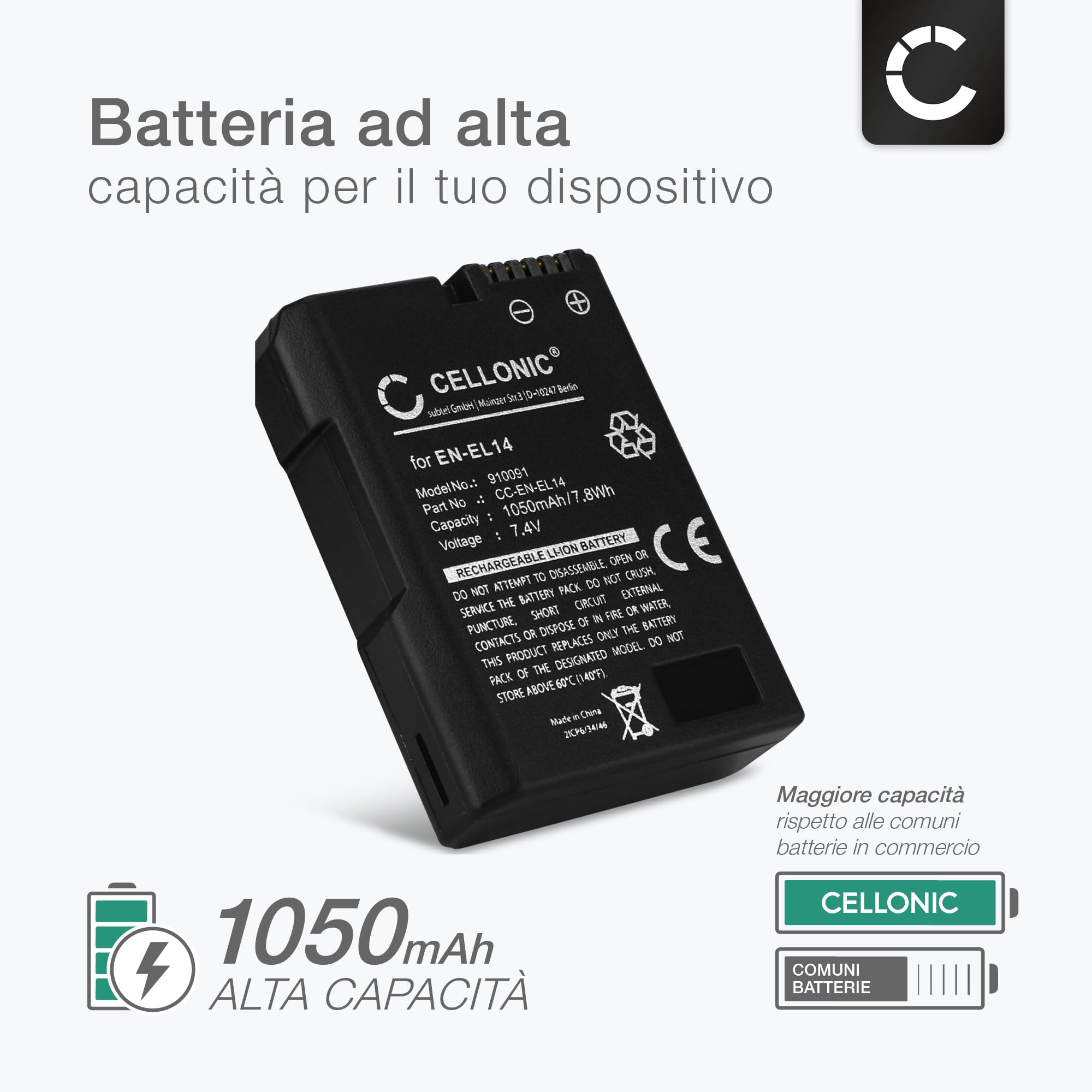 CELLONIC, Batteria per Fotocamera, Compatibile con Nikon D3100, D3200, D5100, D5300, D5600, D3300 (7.4V, 1050mAh)