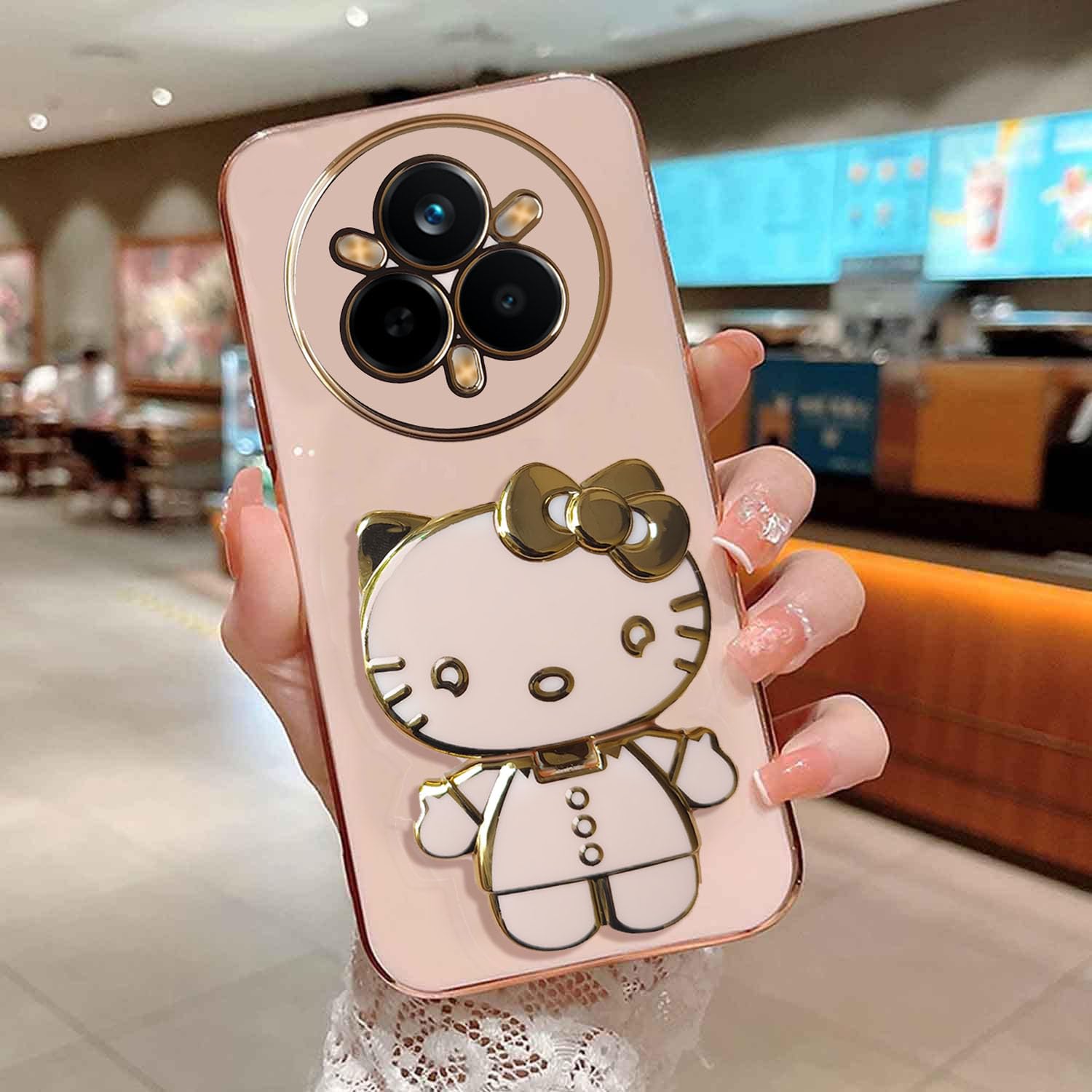KC Back Cover for Realme 14 Pro Plus 5G - Hidden Kitten Mirror Folding Bracket Kickstand Electroplated Soft Silicone Camera Protection Case - Pink