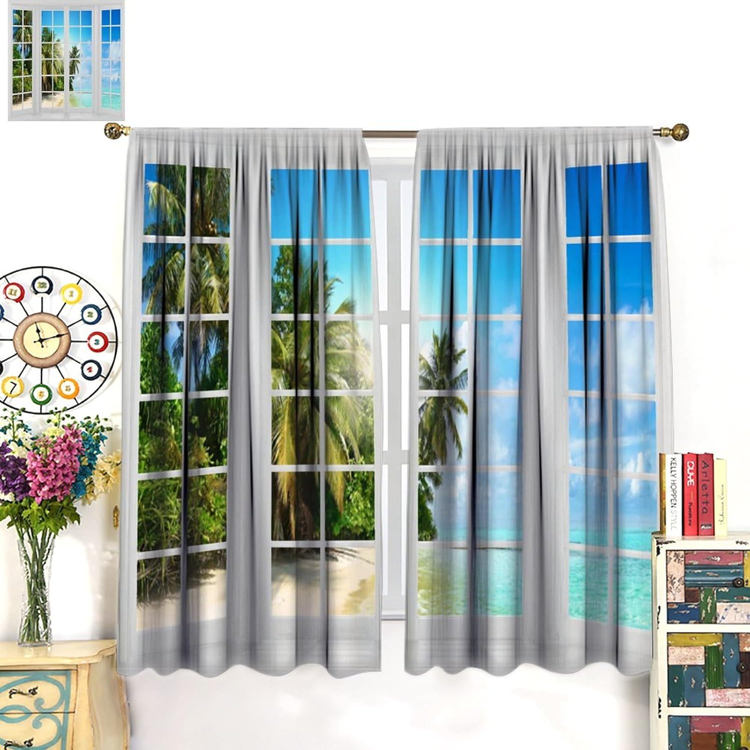 Open Window Tropical Landscape Curtains - Modern Wooden Natural Scenery Summer Beach Palm Trees Window Curtain Blackout Curtains Thermal Insulated Rod Pocket Curtains 2 Panels 45" L x 21" W