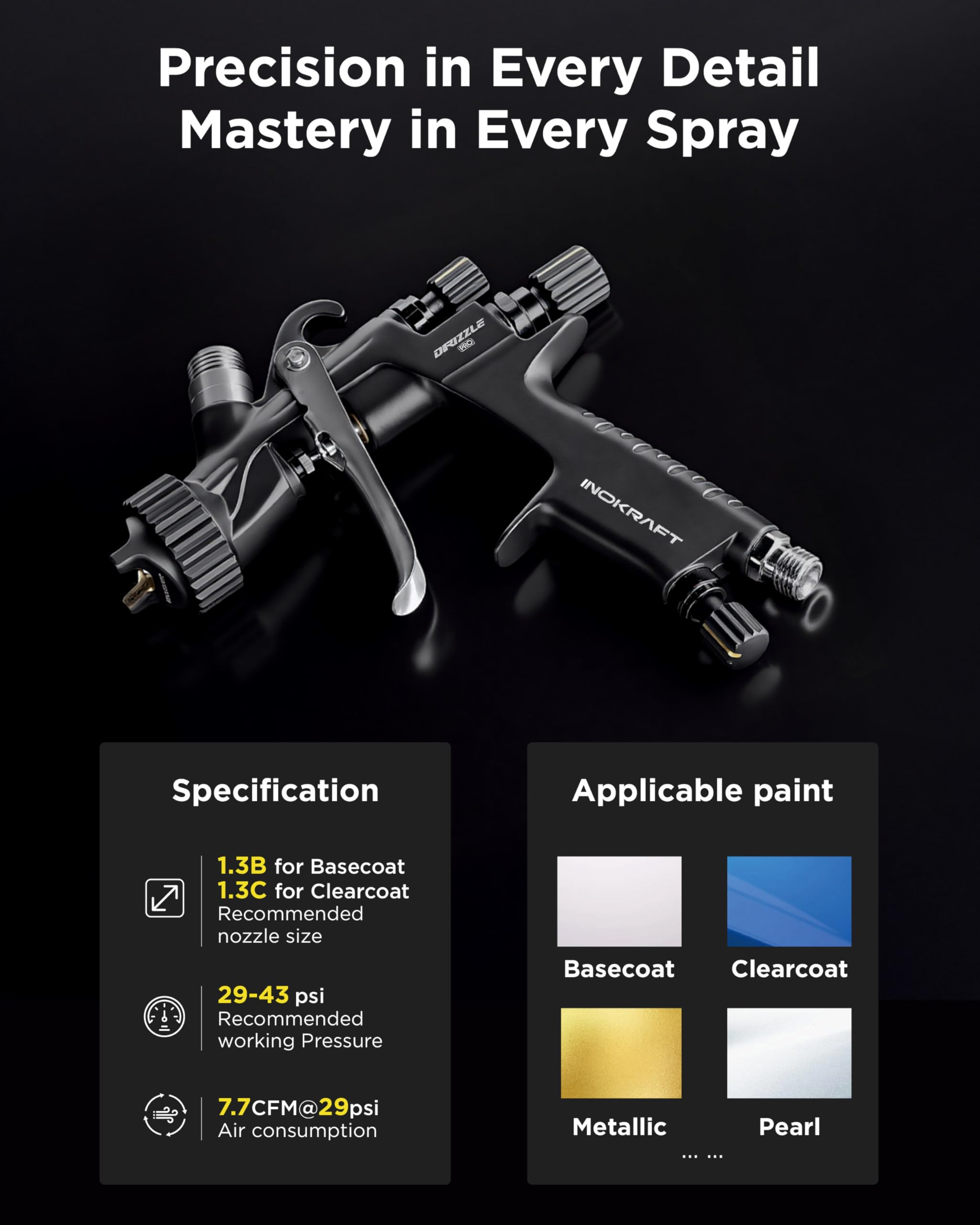 InoKraft Drizzle Pro LVLP - Pistola de pulverización precisa y Profesional, diseño de bajo Exceso de pulverización, Ultraligera de 340 g, Kit de Boquilla 1.3B/1.3C con Accesorios de pulverización de