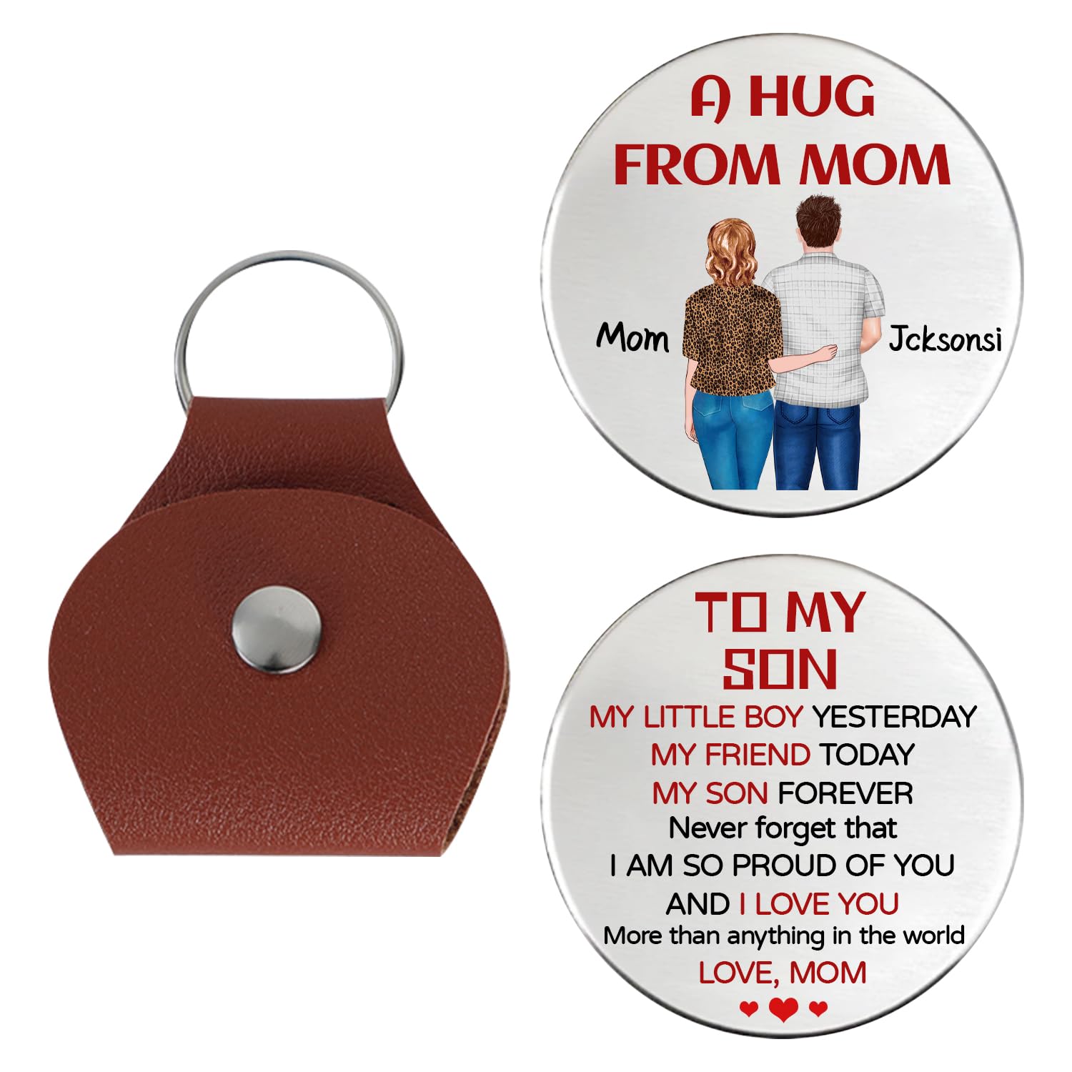 KKIIOEXX A Hug From Mom Keychain,Personalized Leather Pocket Hug Token Keychain,Custom Keychains with Portrait Name,To My Son Gifts From Mom