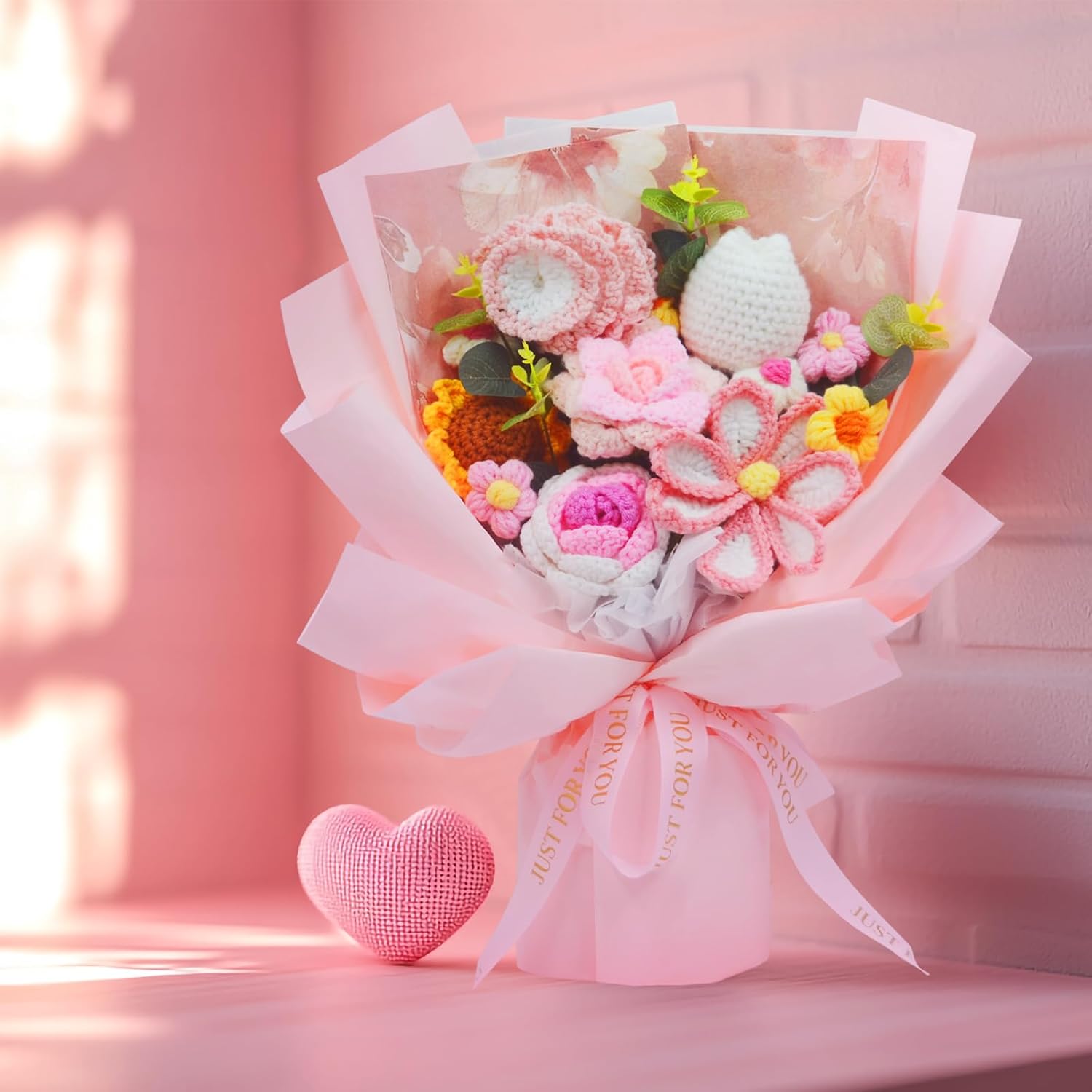 Large Crochet Flowers Bouquet – Handmade Knitted Tulips, Carnations, Sunflowers, Roses – Gift for Women for Valentine's Day, Anniversary, Birthday, Mother's Day, Wedding or Home Decor (Pink, 15.75″) - Image 2