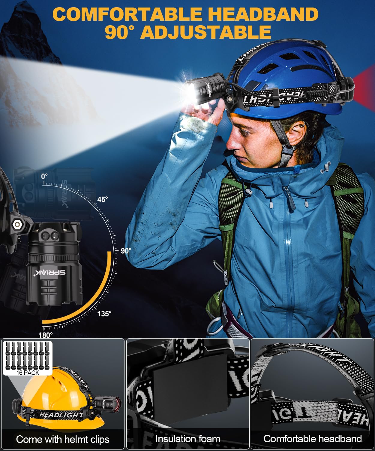 Linterna frontal LED de alto lúmenes y tiempo de uso de 100 horas, lámpara frontal recargable por USB, luz frontal ajustable de 90° con sensor de movimiento de haz ancho con 5 modos, zoom para