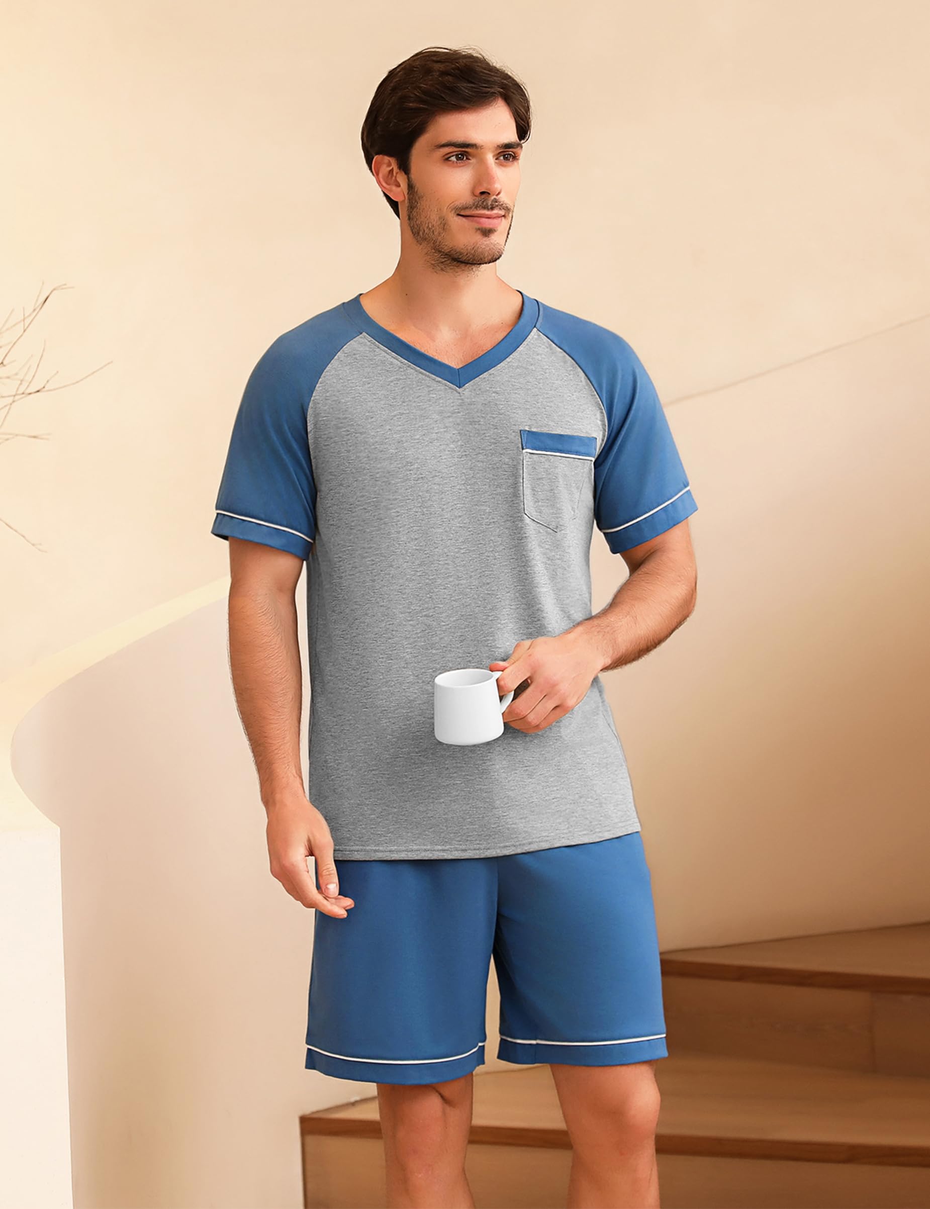 Pijama Hombre Verano Algodón Conjunto de Pijamas Manga Corta y Pantalon Pijama Corto Ropa de Dormir 2 Piezas Bolsillos S-XXL