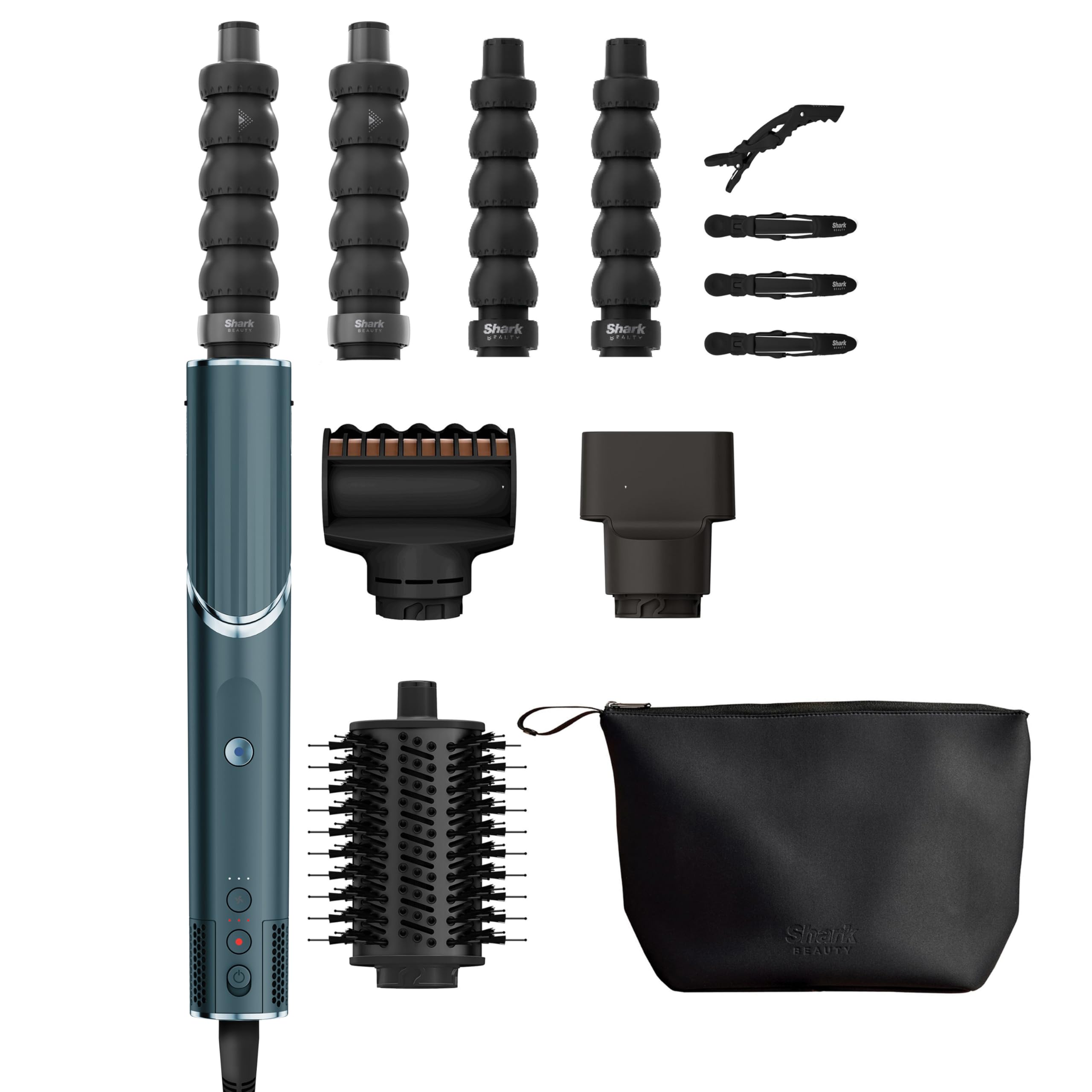 Shark FlexStyle – Bleu sarcelle. Boucleurs à Air, Embout de finition Anti-Frisottis, Brosse Ovale, Concentrateur, Pinces, Pochette de Rangement, aucun dommage thermique HD456TLEU