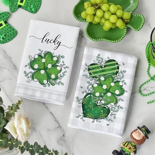 Miniatura 3 de Artoid Mode Lucky Shamrock - Juego de 2 toallas de cocina de eucalipto para el día de San Patricio, 18 x 26 pulgadas, diseño de búfalo de corazón